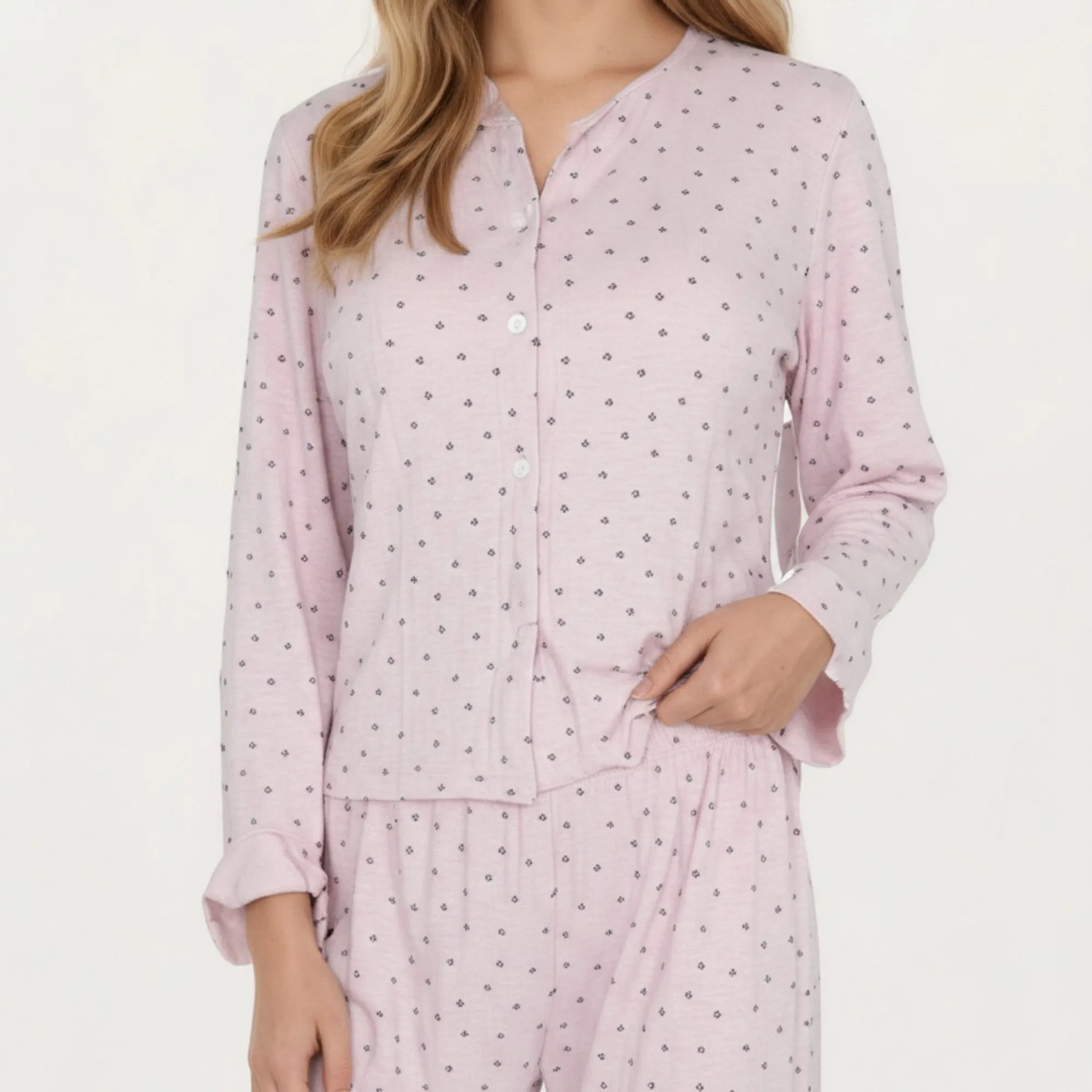 Anna-Kaci Lounge Women's 2-Piece Set Long Sleeve Button Front Top with Built-In Chest Pads and Relaxed Fit Pants Pajama Set in Soft Textured Fabric sold by Anna-Kaci product image thumbnail 5