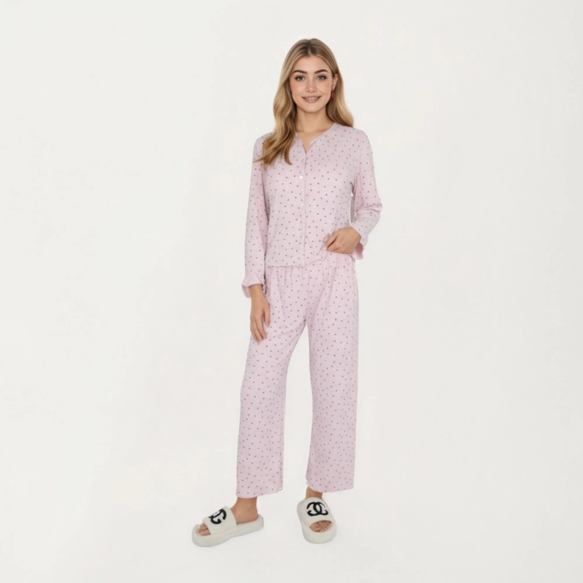 Anna-Kaci Lounge Women's 2-Piece Set Long Sleeve Button Front Top with Built-In Chest Pads and Relaxed Fit Pants Pajama Set in Soft Textured Fabric sold by Anna-Kaci product image thumbnail 2