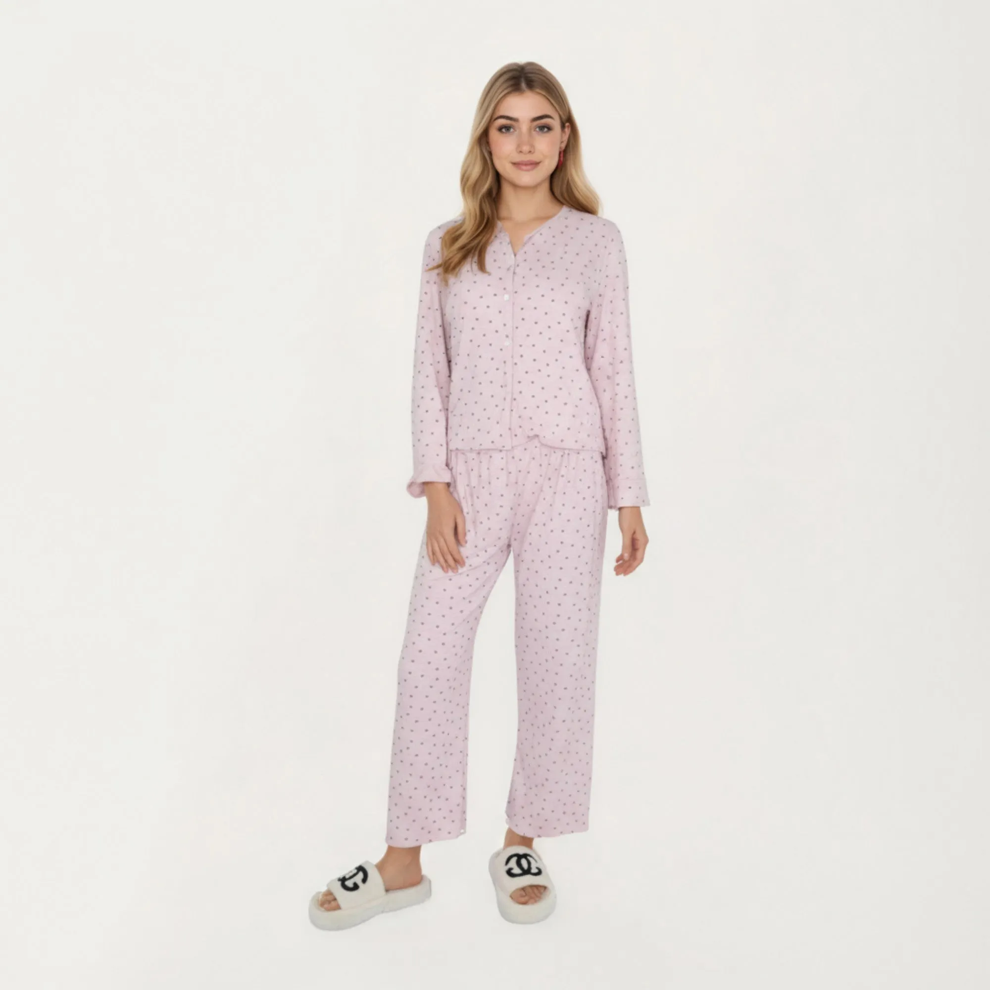 Anna-Kaci Lounge Women's 2-Piece Set Long Sleeve Button Front Top with Built-In Chest Pads and Relaxed Fit Pants Pajama Set in Soft Textured Fabric sold by Anna-Kaci product image thumbnail 3