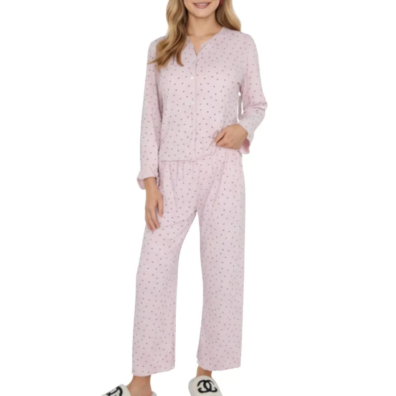 Anna-Kaci Lounge Women's 2-Piece Set Long Sleeve Button Front Top with Built-In Chest Pads and Relaxed Fit Pants Pajama Set in Soft Textured Fabric sold by Anna-Kaci