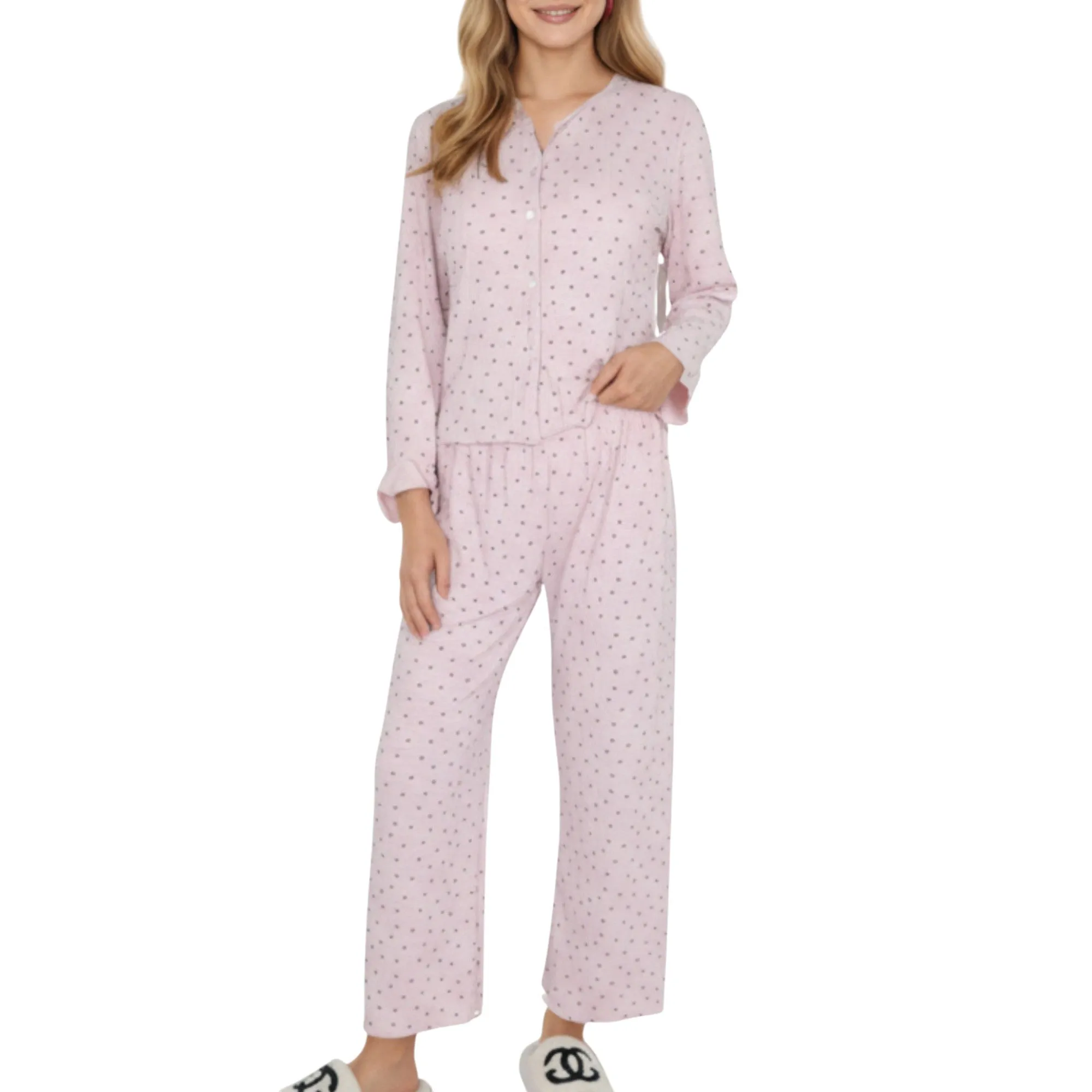 Anna-Kaci Lounge Women's 2-Piece Set Long Sleeve Button Front Top with Built-In Chest Pads and Relaxed Fit Pants Pajama Set in Soft Textured Fabric sold by Anna-Kaci