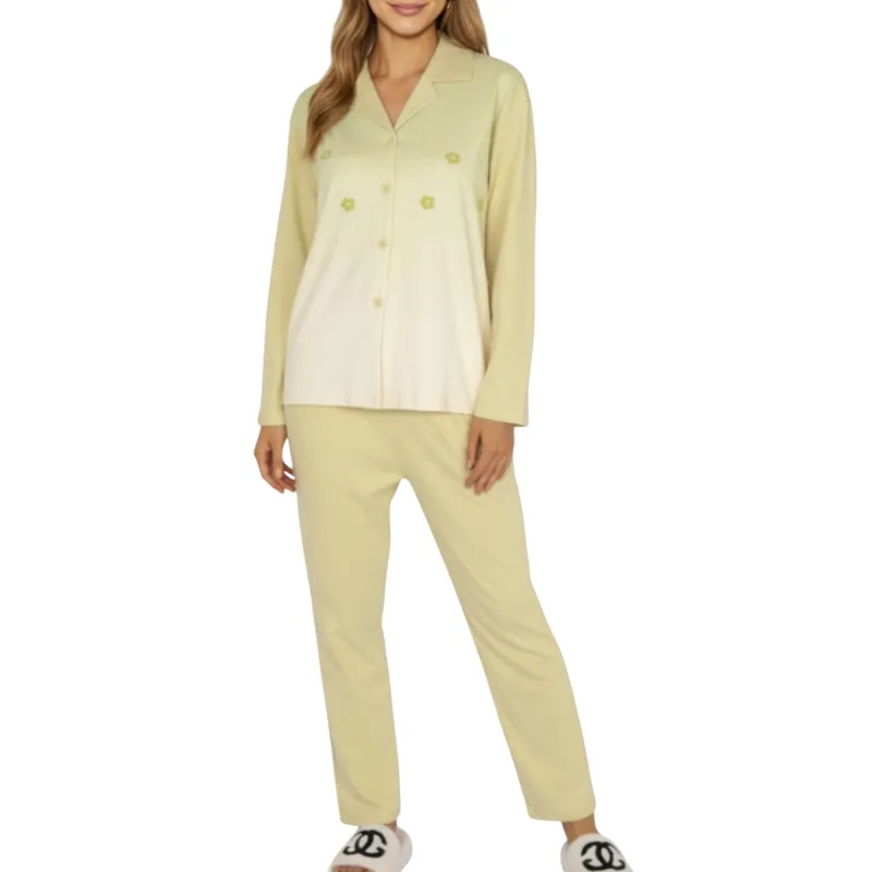 Anna-Kaci Lounge Women's 2-Piece Set Long Sleeve Button Front Top and Relaxed Fit Pants Pajama Set with Minimalist Floral Detail sold by Anna-Kaci