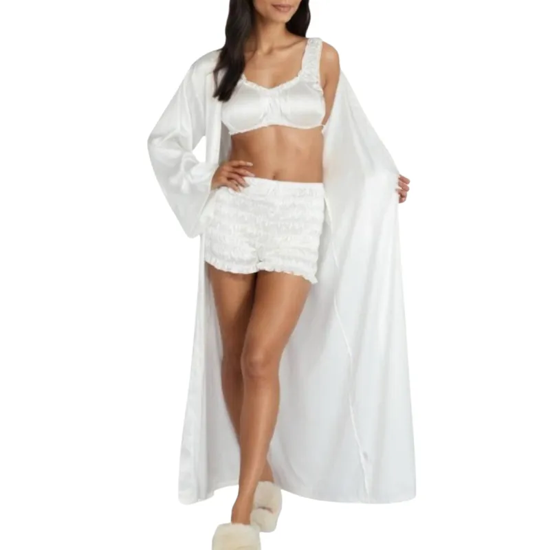 Anna-Kaci Lounge Women's 3-Piece Set Satin Robe with Matching Bralette Top and Elastic Waist Shorts Loungewear Sleepwear Set sold by Anna-Kaci