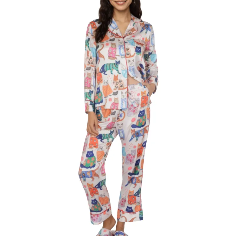 Anna-Kaci Lounge Women's 2-Piece Set Long Sleeve Button Front Pajama Set with Cat Print and Soft Silky Fabric for Relaxed Comfort sold by Anna-Kaci