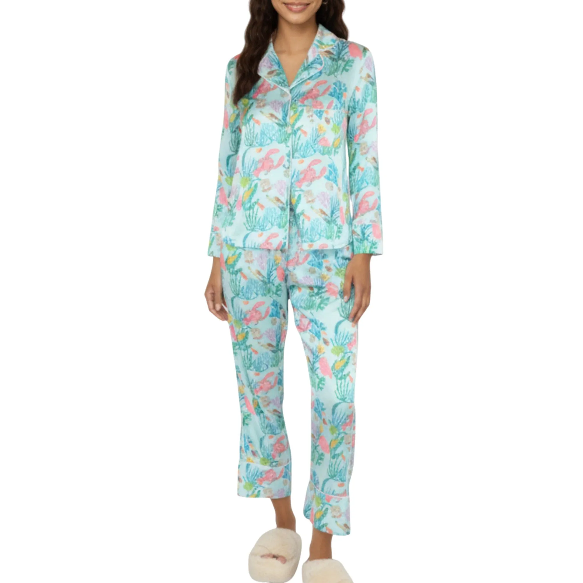Anna-Kaci Lounge Women's 2-Piece Set Button Front Pajama Set with Ocean Print and Soft Silky Fabric for Relaxed Comfort sold by Anna-Kaci