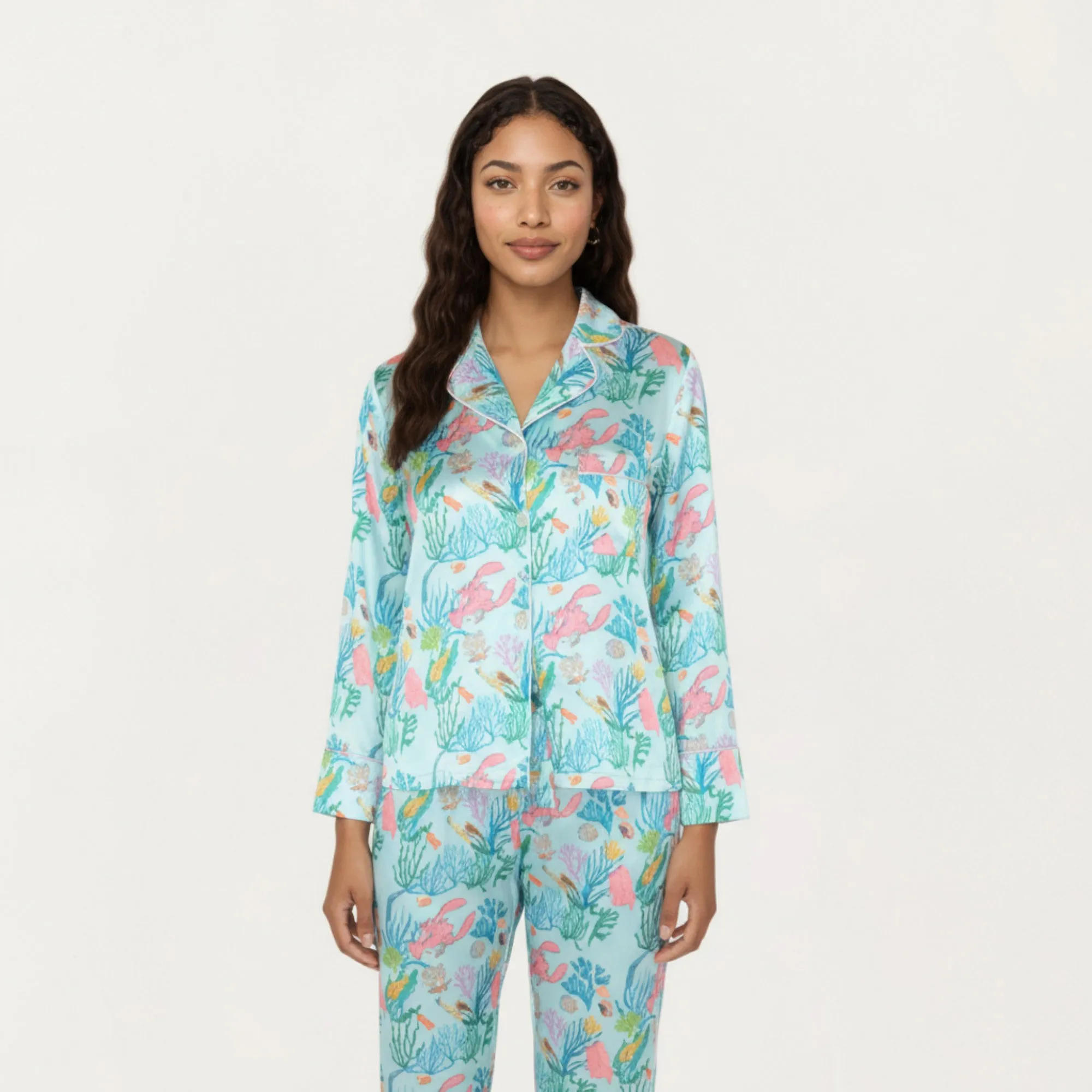 Anna-Kaci Lounge Women's 2-Piece Set Button Front Pajama Set with Ocean Print and Soft Silky Fabric for Relaxed Comfort sold by Anna-Kaci product image thumbnail 2