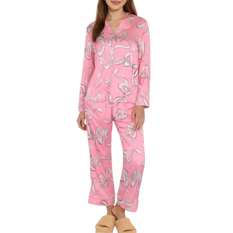 Anna-Kaci Lounge Women's 2-Piece Set Long Sleeve Button Front Pajama Set with Ribbon Print and Soft Silky Fabric for Relaxed Comfort sold by Anna-Kaci