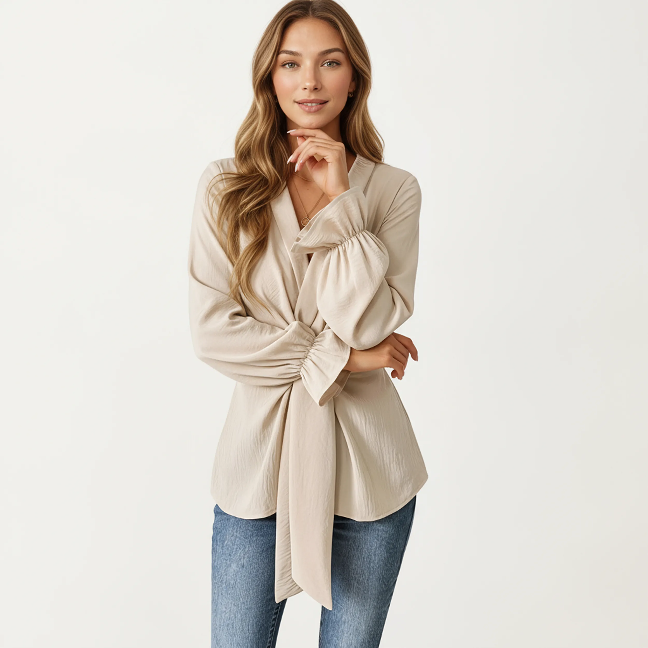 Anna-Kaci Women's Long Sleeve Wrap Front Blouse with Waist Tie and V-Neckline sold by Anna-Kaci product image thumbnail 5