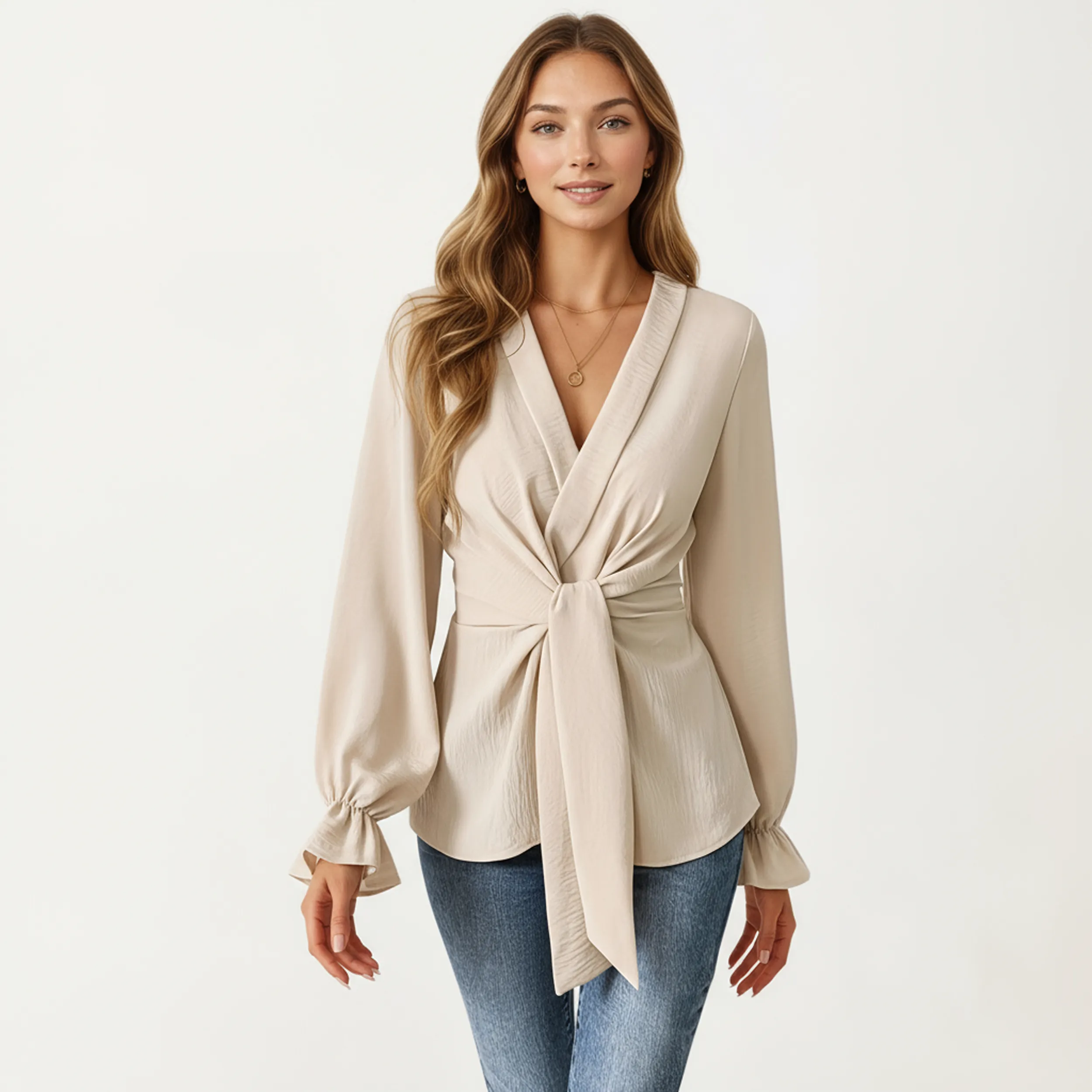 Anna-Kaci Women's Long Sleeve Wrap Front Blouse with Waist Tie and V-Neckline sold by Anna-Kaci product image thumbnail 2
