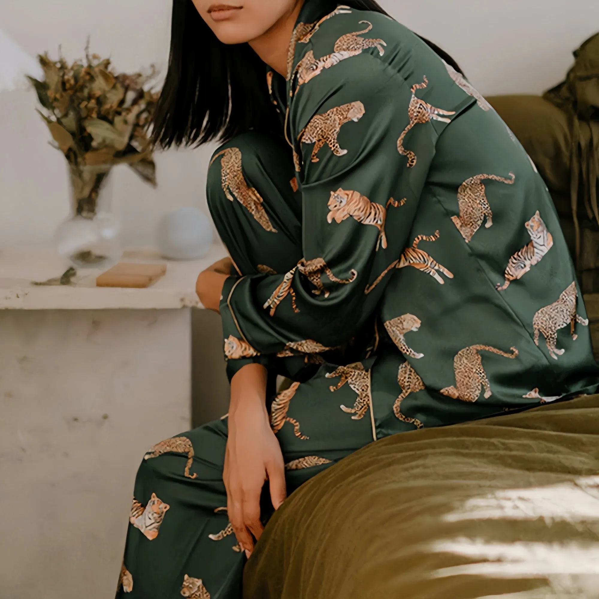 Anna-Kaci Lounge Women's Long Sleeve Button Front Pajama Set with Tiger Print and Satin Finish sold by Anna-Kaci product image thumbnail 5