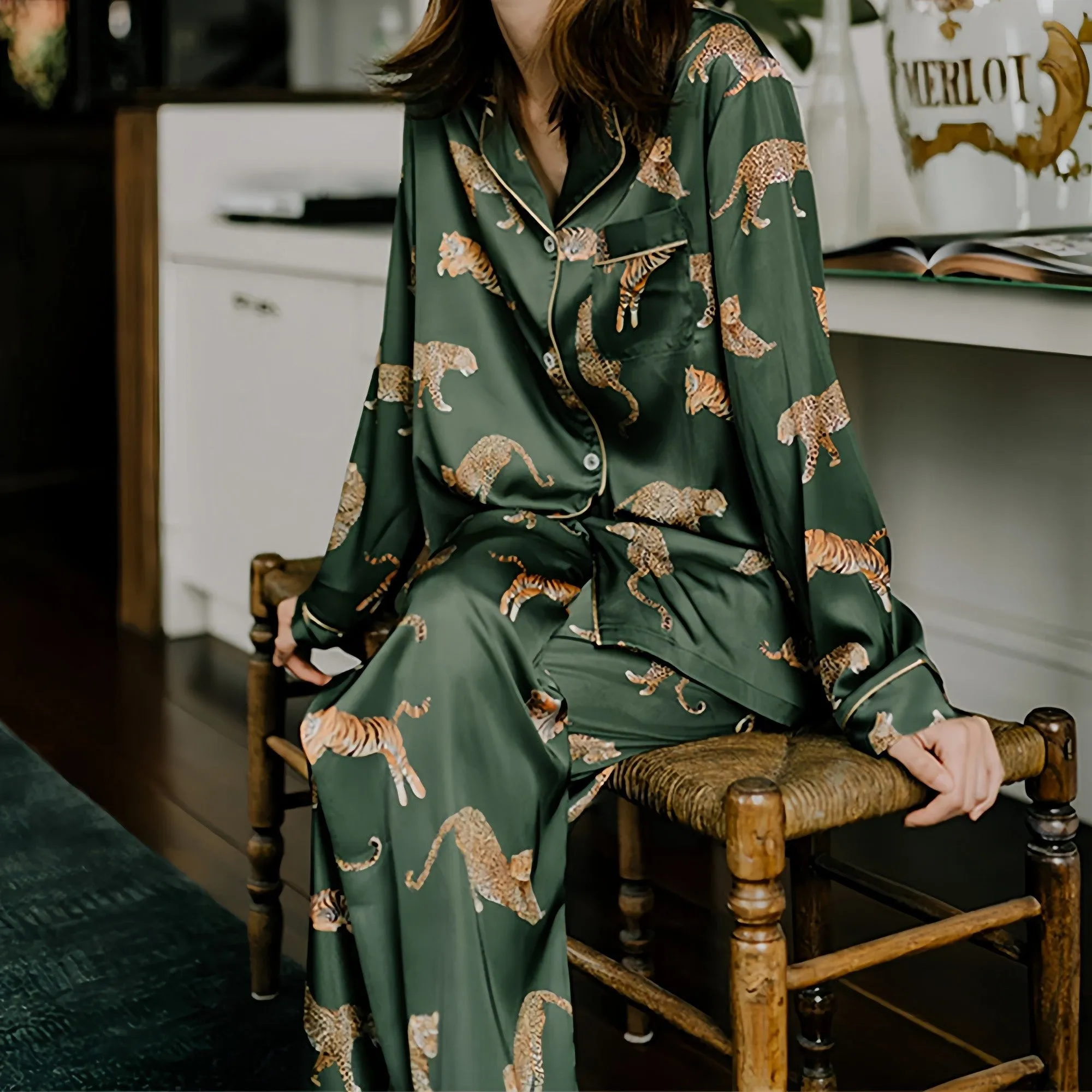 Anna-Kaci Lounge Women's Long Sleeve Button Front Pajama Set with Tiger Print and Satin Finish sold by Anna-Kaci product image thumbnail 2