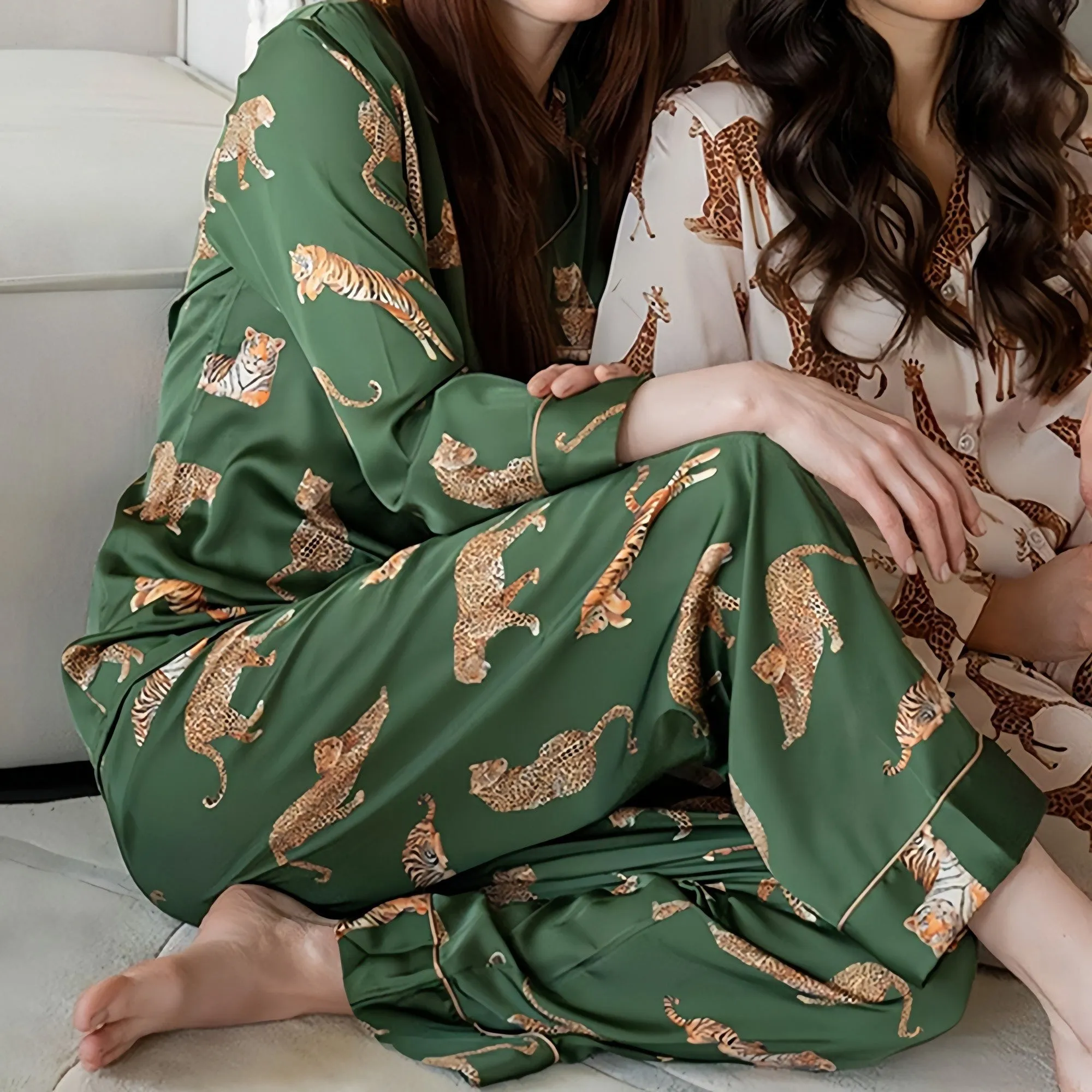 Anna-Kaci Lounge Women's Long Sleeve Button Front Pajama Set with Tiger Print and Satin Finish sold by Anna-Kaci product image thumbnail 3