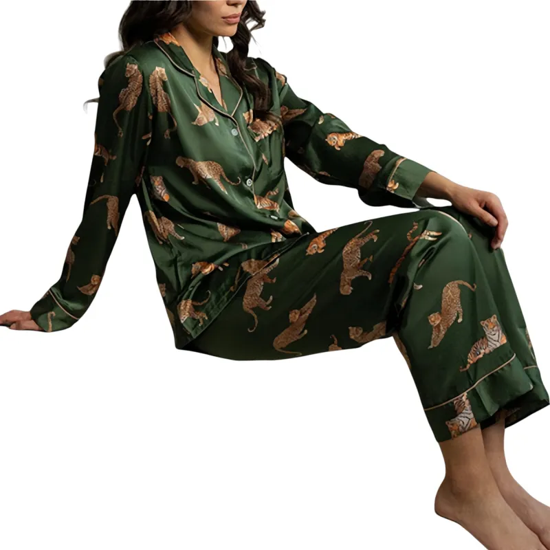 Anna-Kaci Lounge Women's Long Sleeve Button Front Pajama Set with Tiger Print and Satin Finish sold by Anna-Kaci