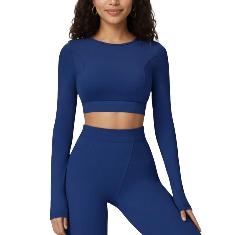 Anna-Kaci Active Women's Ribbed Cropped Long-Sleeve Top with Square Neckline and Contour Seaming sold by Anna-Kaci
