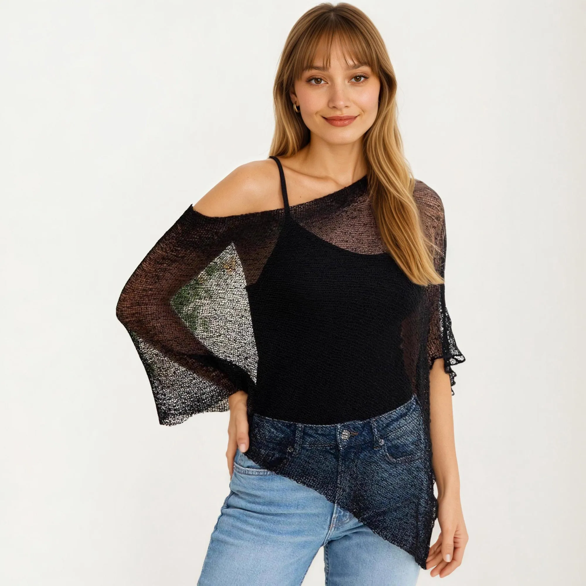 Anna-Kaci Women's Sheer Knit Asymmetrical Poncho Top with One Shoulder Design and Lightweight Texture sold by Anna-Kaci product image thumbnail 2