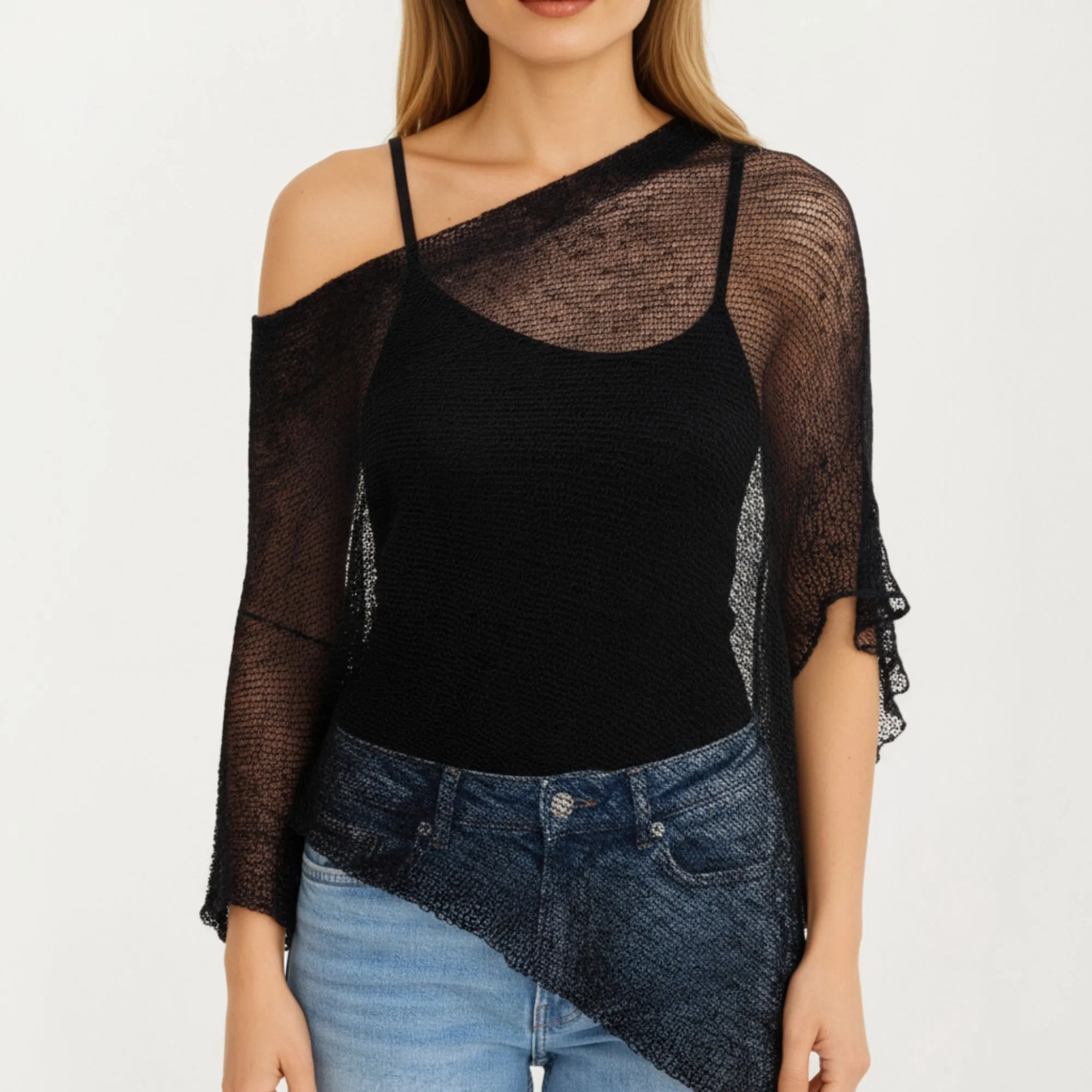 Anna-Kaci Women's Sheer Knit Asymmetrical Poncho Top with One Shoulder Design and Lightweight Texture sold by Anna-Kaci product image thumbnail 3