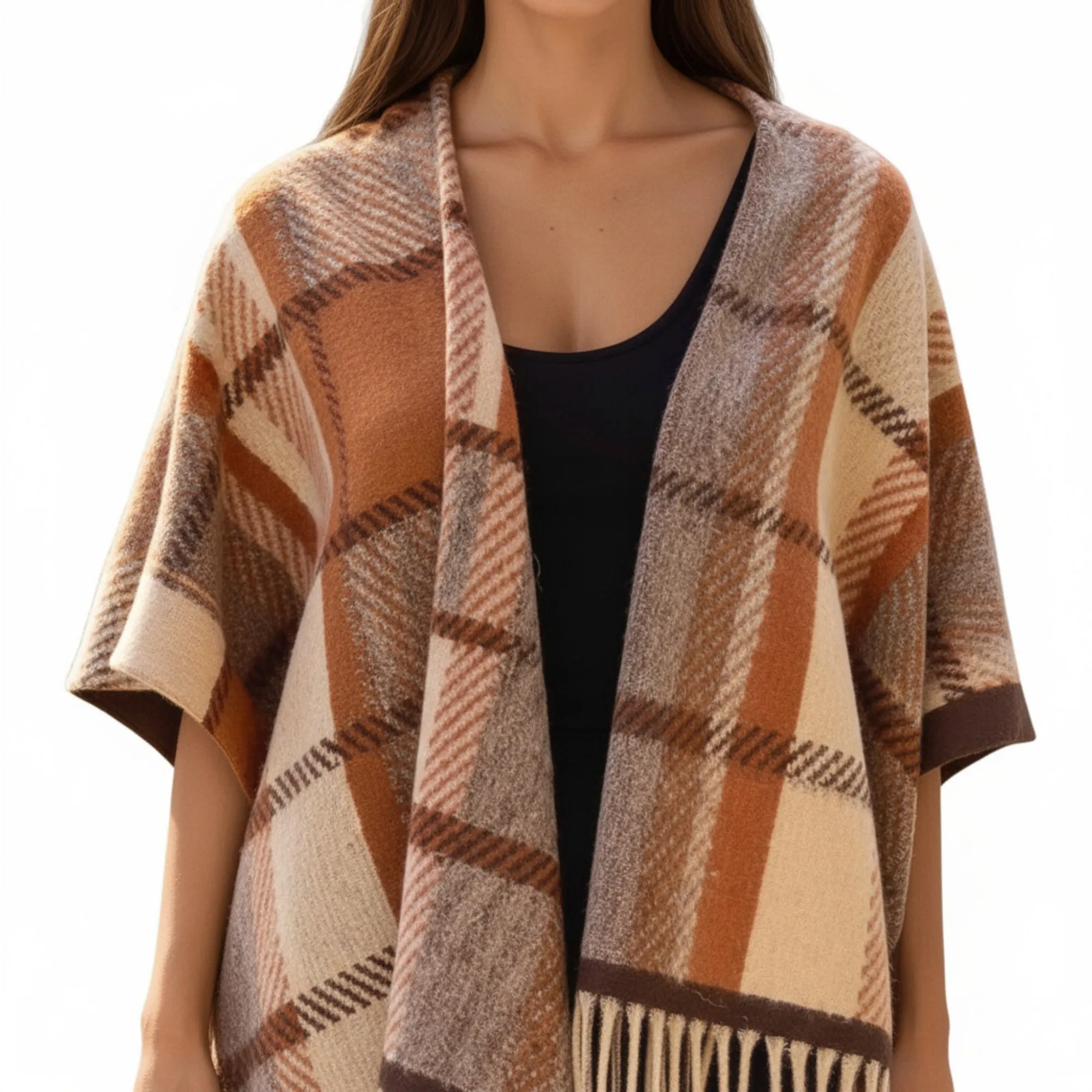Anna-Kaci Plaid Fringe Shawl Wrap with Soft Woven Texture and Open Front Design 67x45.5 in sold by Anna-Kaci product image thumbnail 4