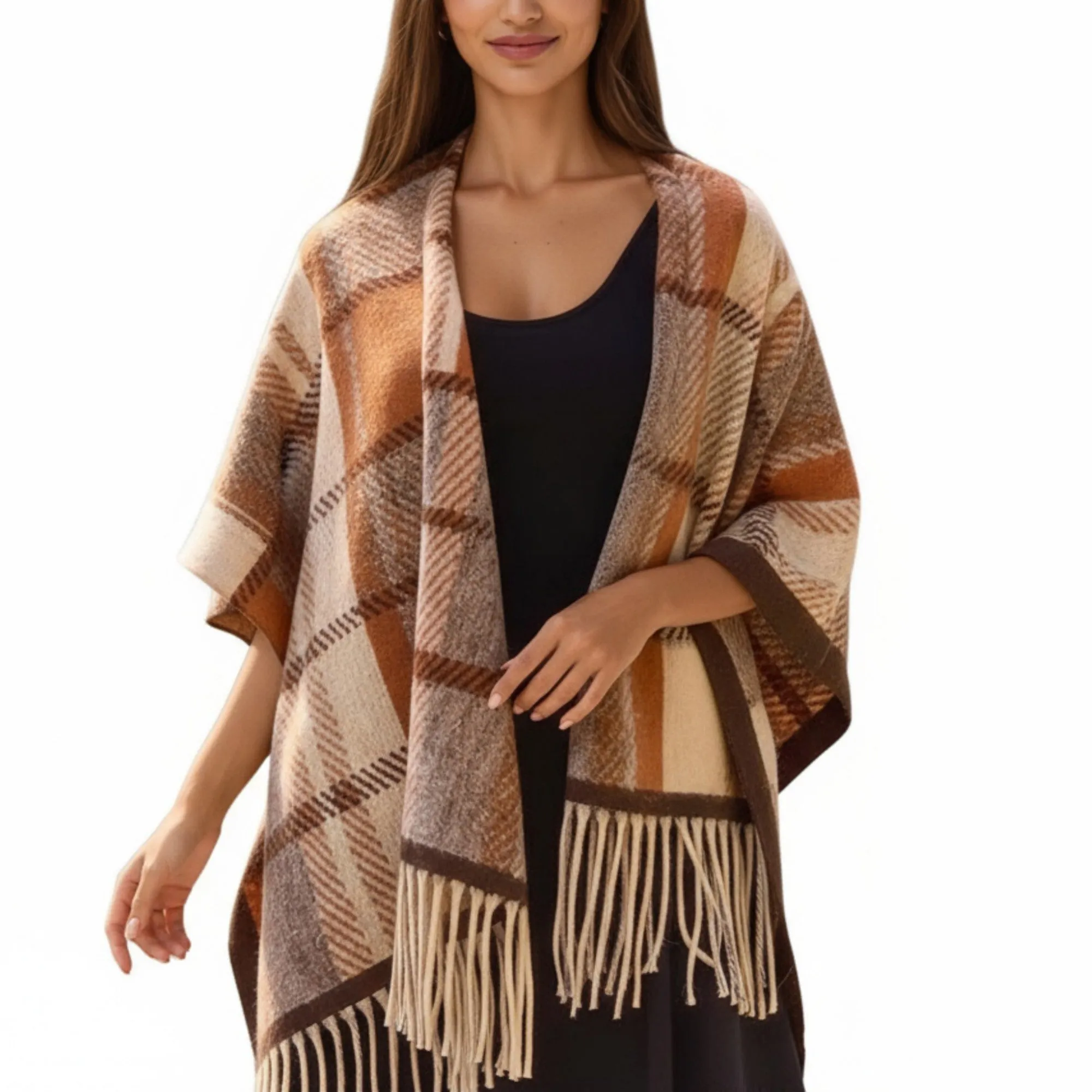 Anna-Kaci Plaid Fringe Shawl Wrap with Soft Woven Texture and Open Front Design 67x45.5 in sold by Anna-Kaci