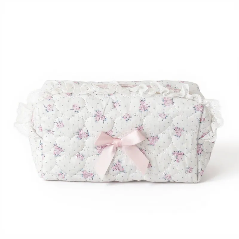 Anna-Kaci Quilted Floral Lace Makeup Bag with Bow Accent and Gingham Lining 7.3x4x3 in sold by Anna-Kaci