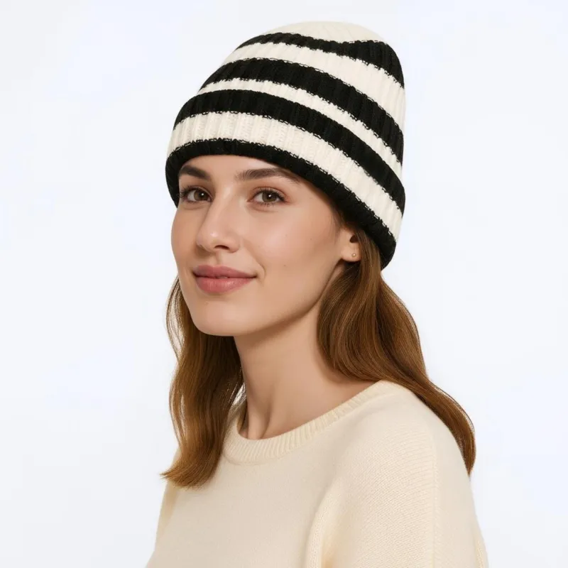 Anna-Kaci Unisex Striped Knit Beanie Hat Cuffed Warm Winter Cap sold by Anna-Kaci