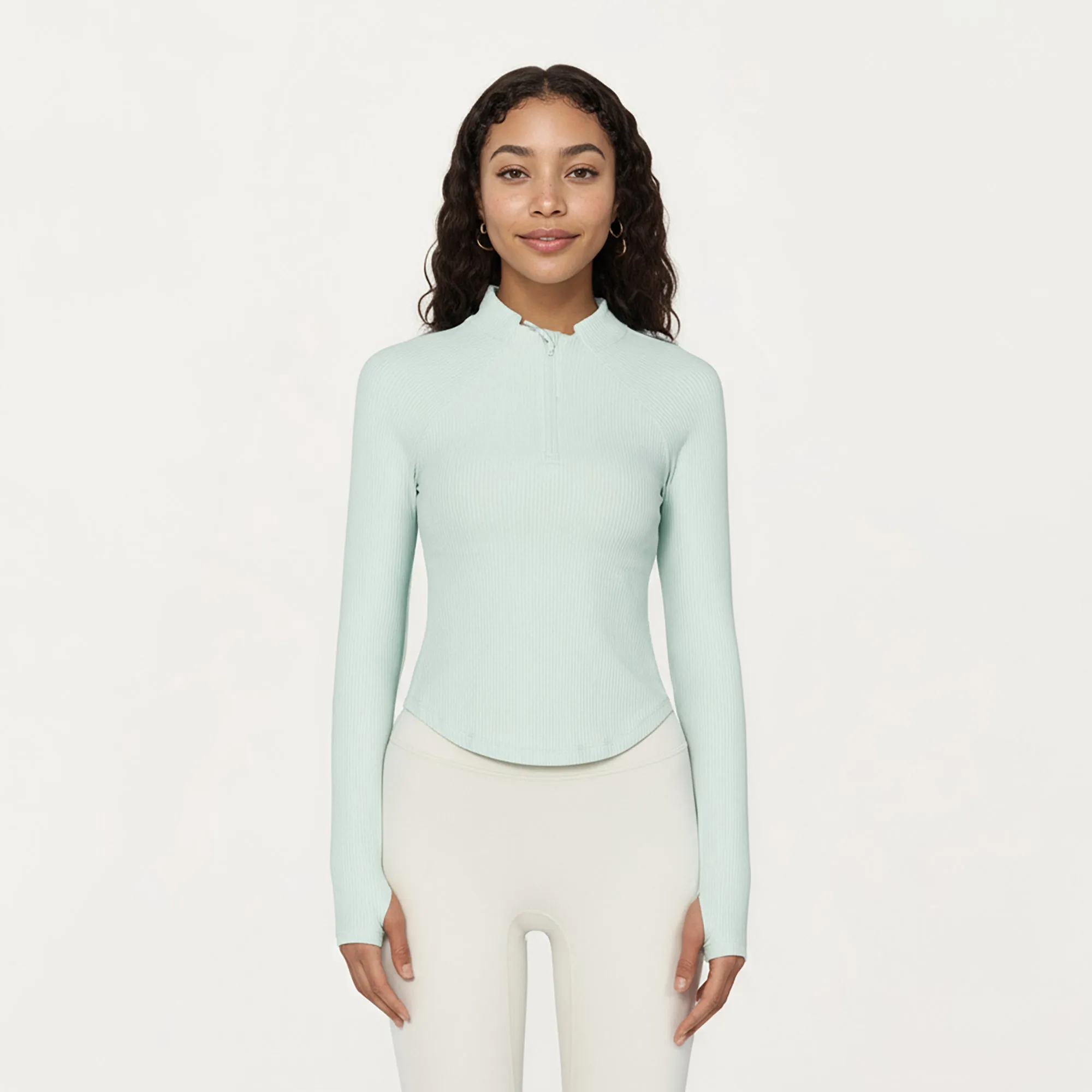 Anna-Kaci Active Women's Long Sleeve Ribbed Knit Half Zip Top with Curved Hem and Fitted Silhouette sold by Anna-Kaci product image thumbnail 2