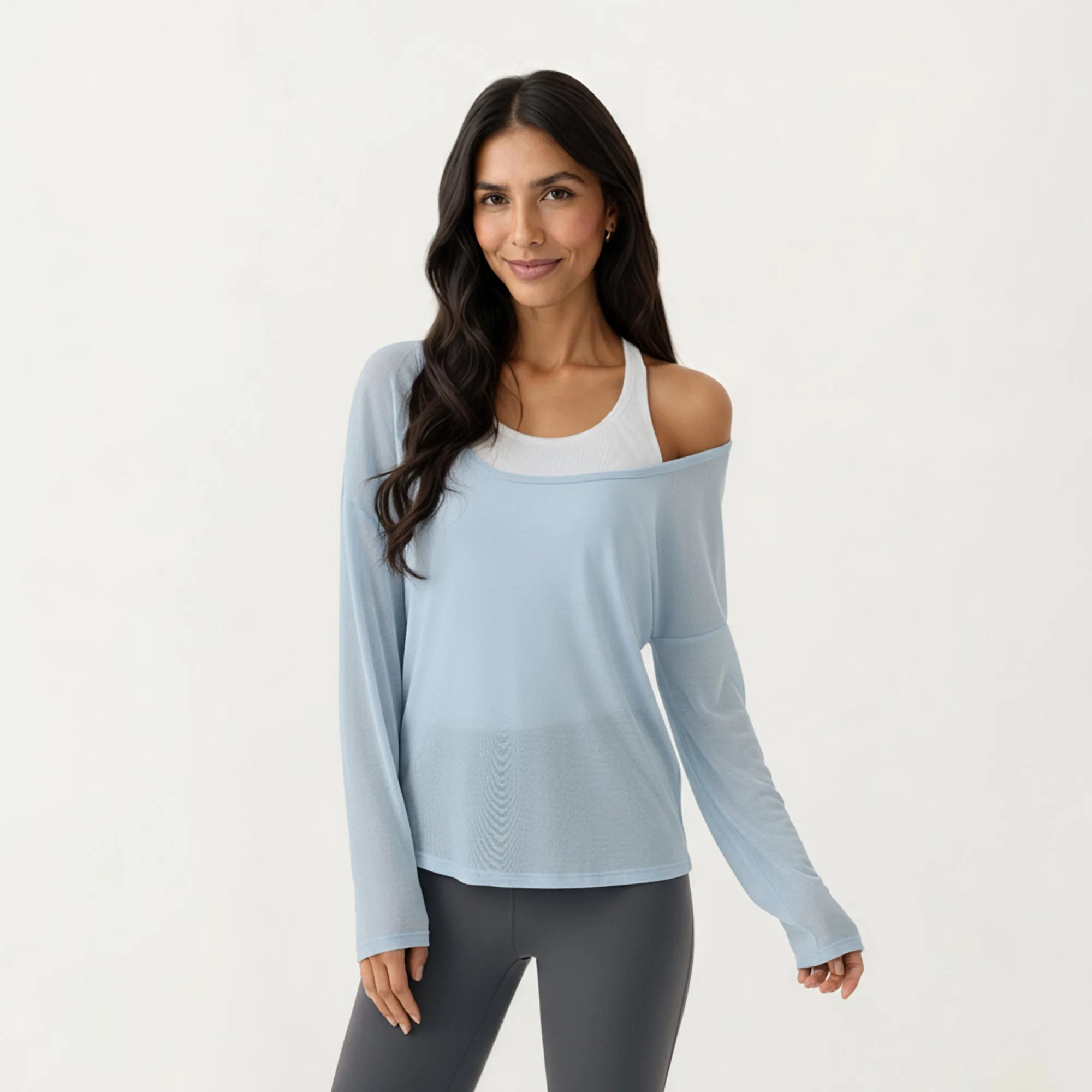 Anna-Kaci Active 2-Piece Women's Long Sleeve Sheer Pullover Top Set with Off Shoulder Neckline and Relaxed Fit sold by Anna-Kaci product image thumbnail 2