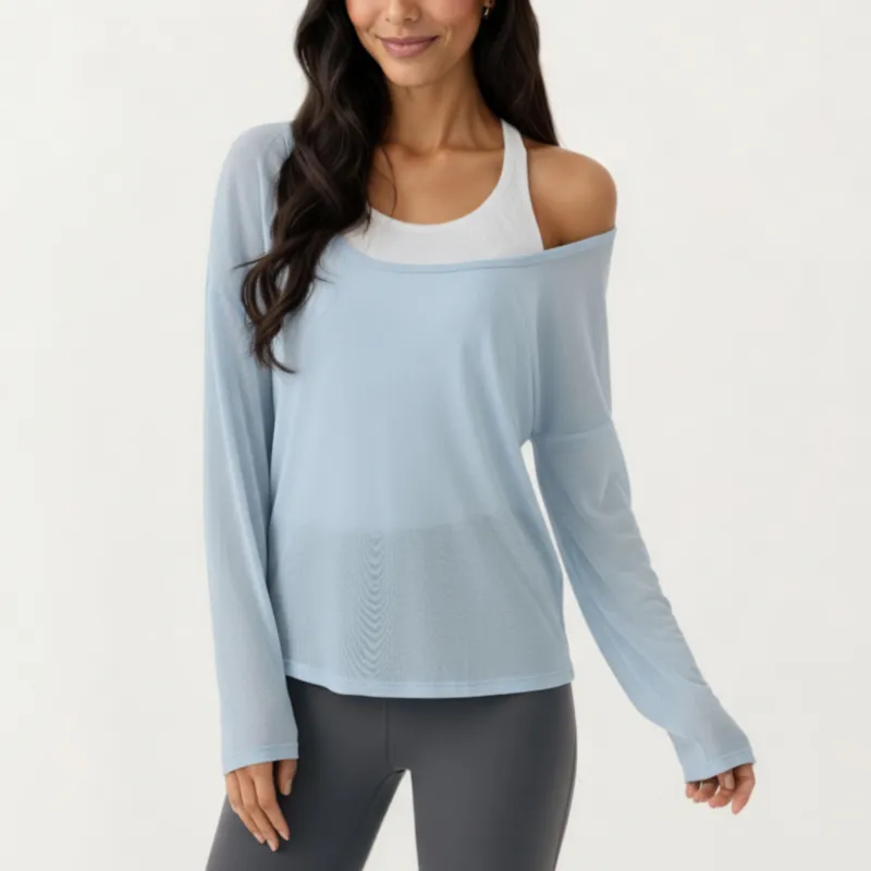 Anna-Kaci Active 2-Piece Women's Long Sleeve Sheer Pullover Top Set with Off Shoulder Neckline and Relaxed Fit sold by Anna-Kaci