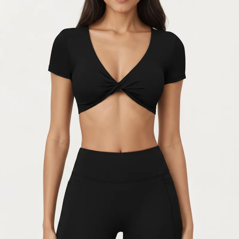 Anna-Kaci Active Women's Short Sleeve Twist Front V-Neck Crop Active Top sold by Anna-Kaci