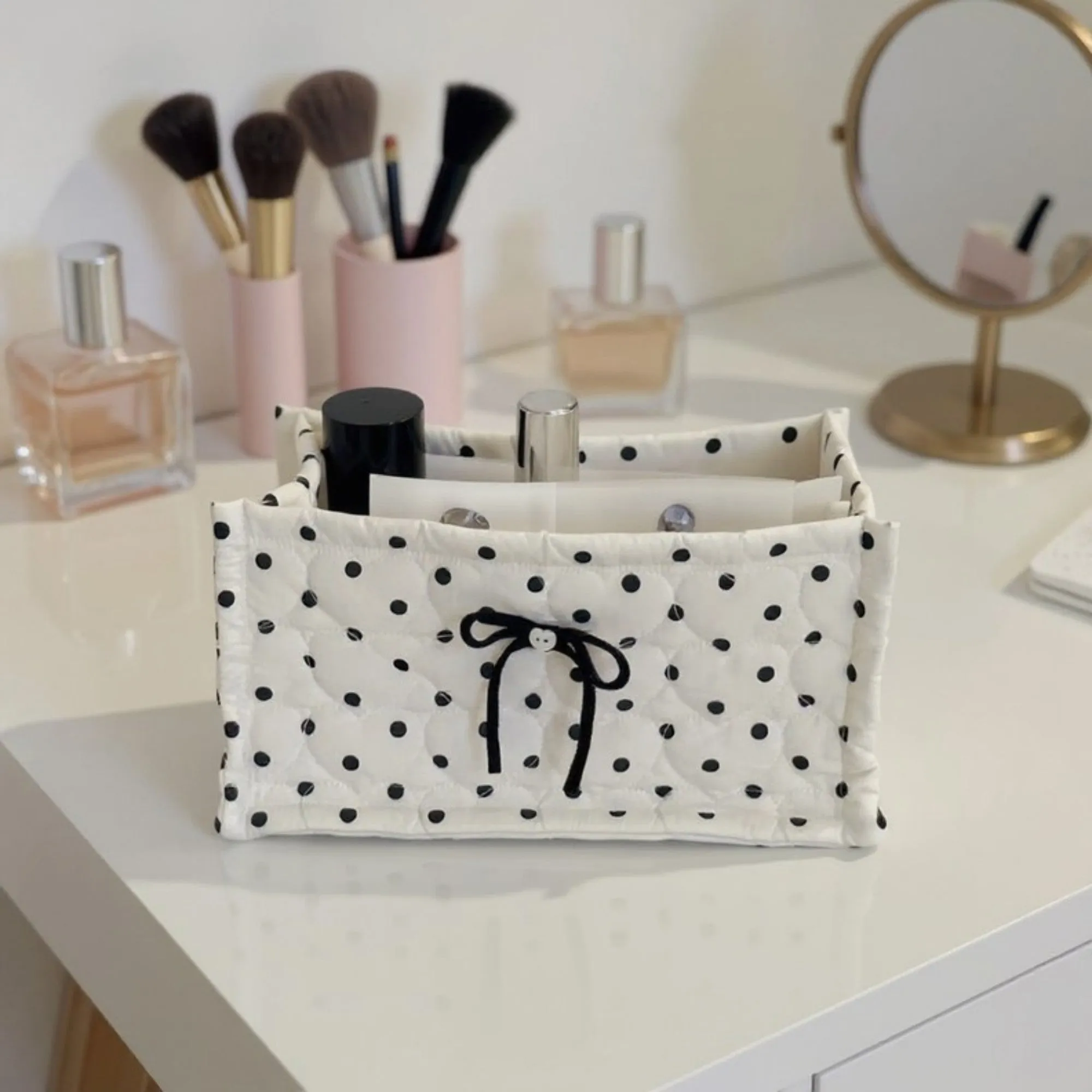 Anna-Kaci Quilted Polka Dot Storage Basket with Bow Accent and Soft Fabric Design sold by Anna-Kaci product image thumbnail 3