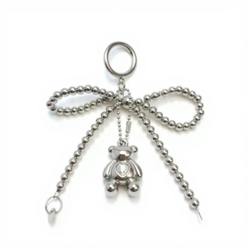Anna-Kaci Metallic Beaded Bow Keychain with Crystal Bear Charm and Ring Accent sold by Anna-Kaci