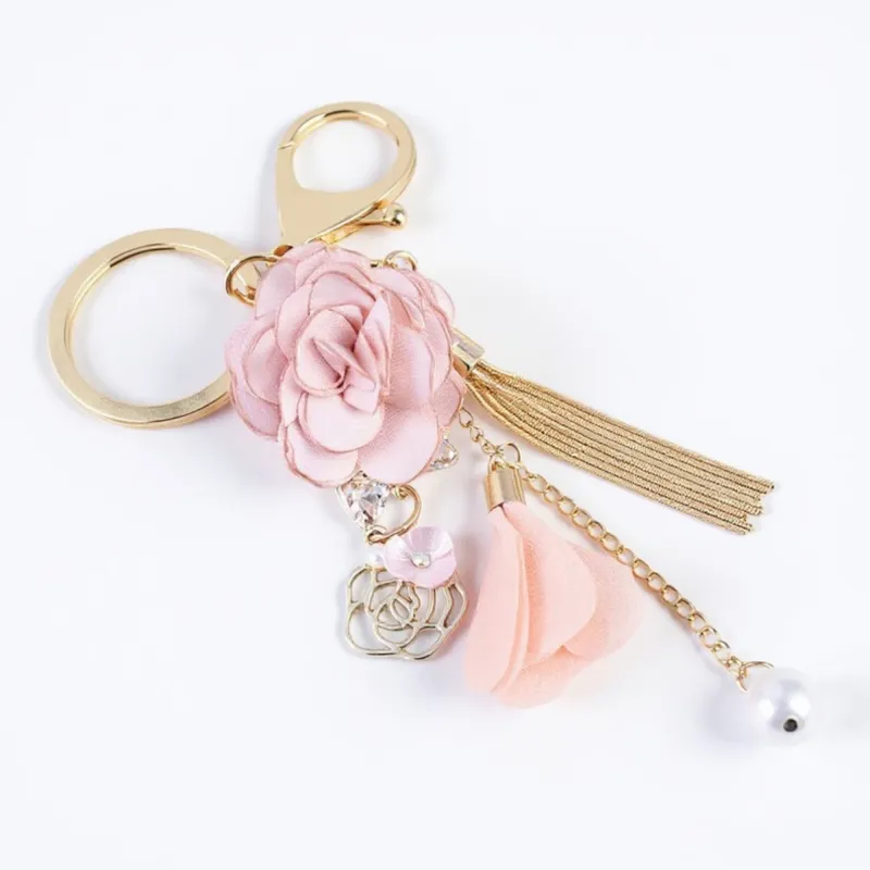 Anna-Kaci Pink Flower Tassel Keychain with Pearl Accent and Gold Metal Details sold by Anna-Kaci