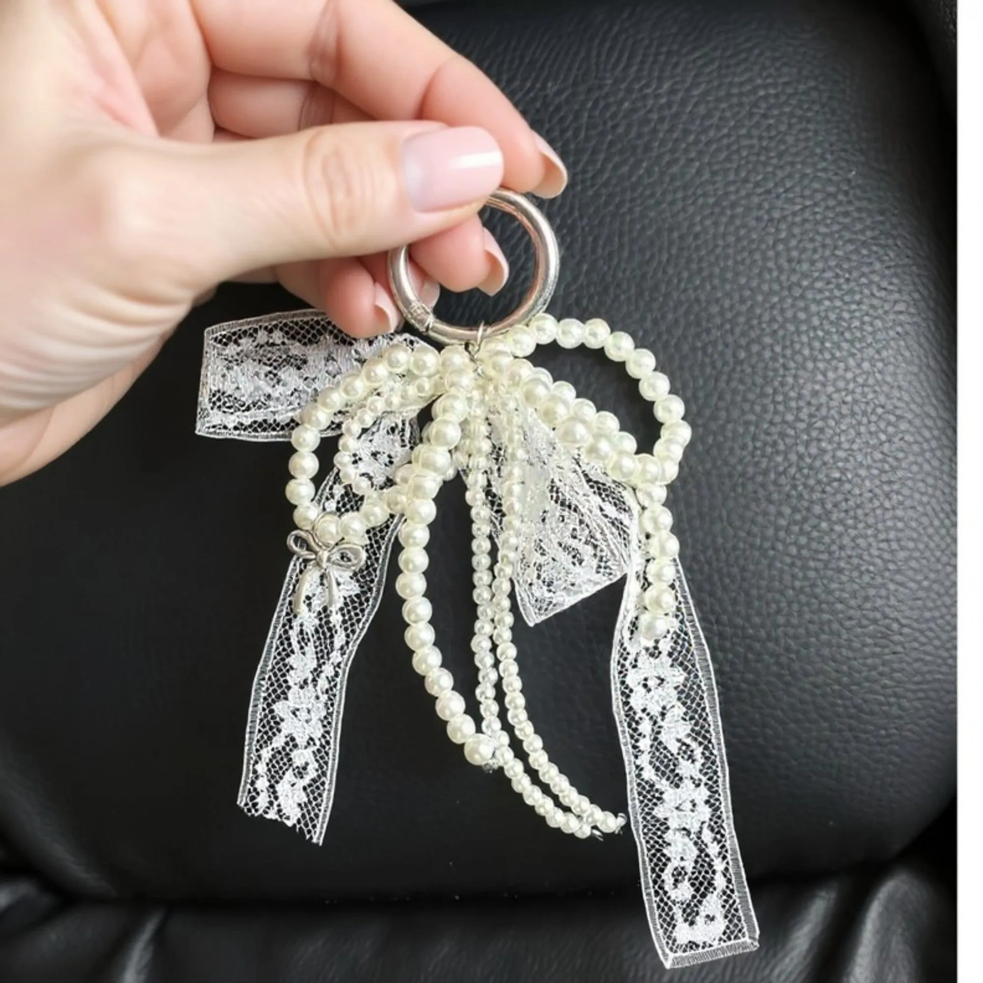 Anna-Kaci Pearl and Lace Bow Keychain with Silver Ring and Charm Accent sold by Anna-Kaci product image thumbnail 3