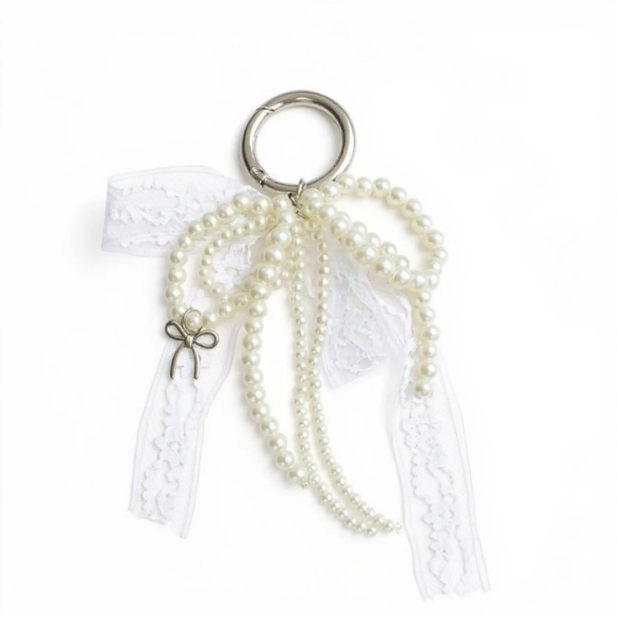 Anna-Kaci Pearl and Lace Bow Keychain with Silver Ring and Charm Accent sold by Anna-Kaci