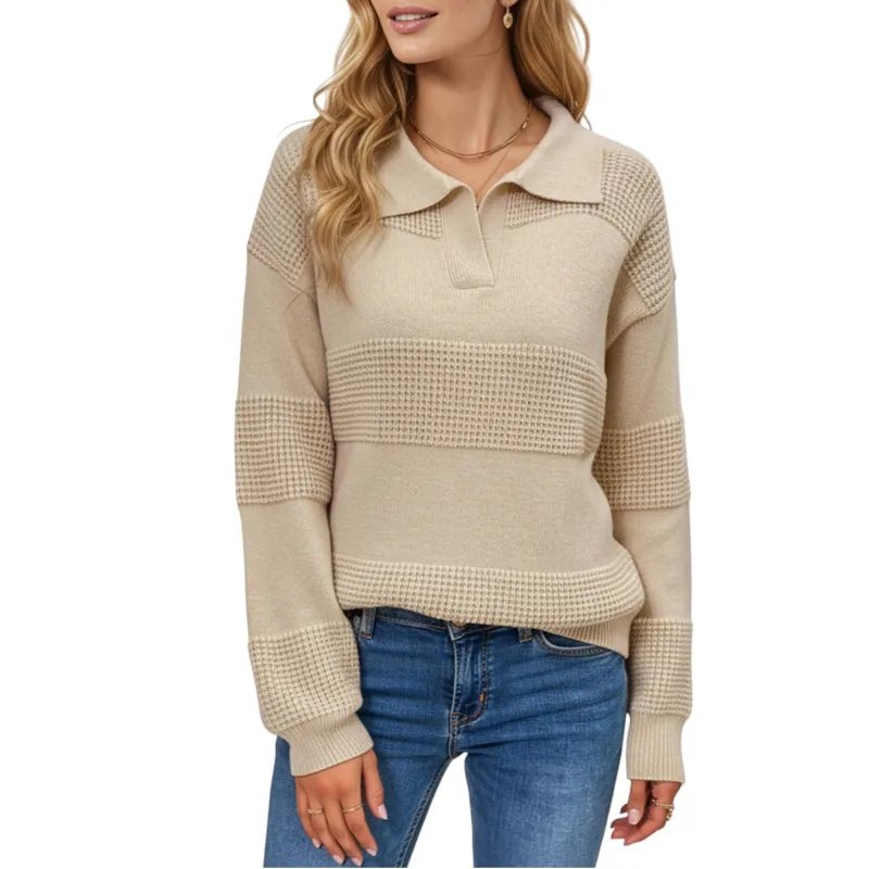 Anna-Kaci Women's Textured Stripe Knit Pullover Sweater with Polo Collar sold by Anna-Kaci
