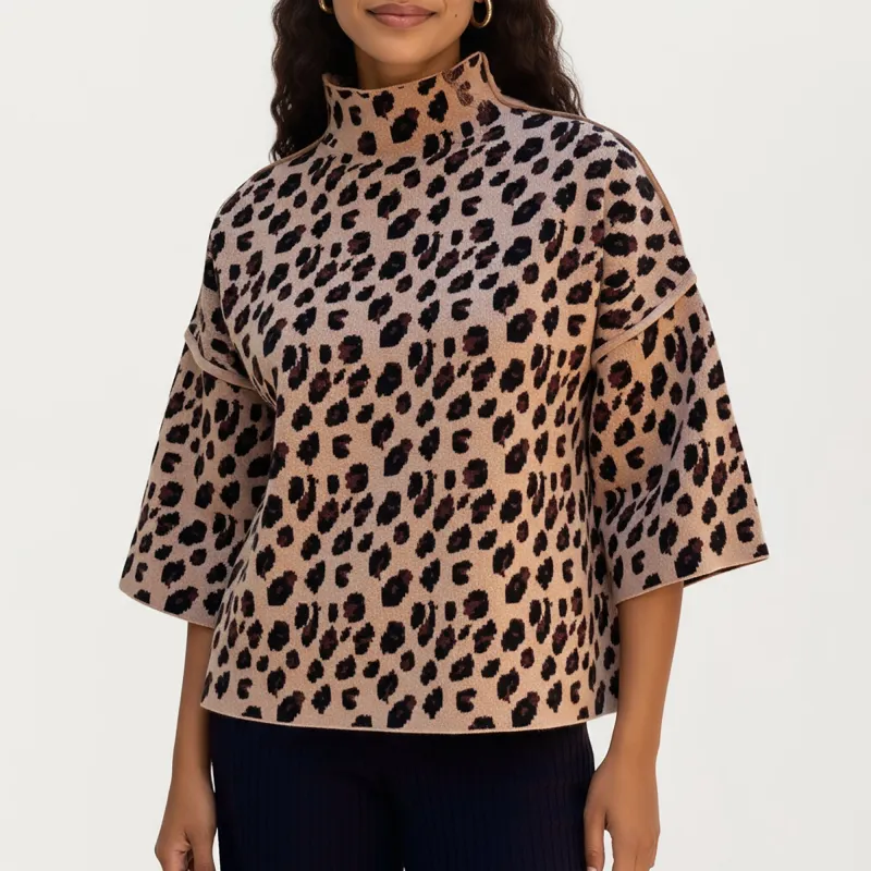 Anna-Kaci Women¡¯s Leopard Print Knit Top with High Mock Neck, Wide Long Sleeves and Soft Textured Finish for a Relaxed, Stylish Silhouette sold by Anna-Kaci