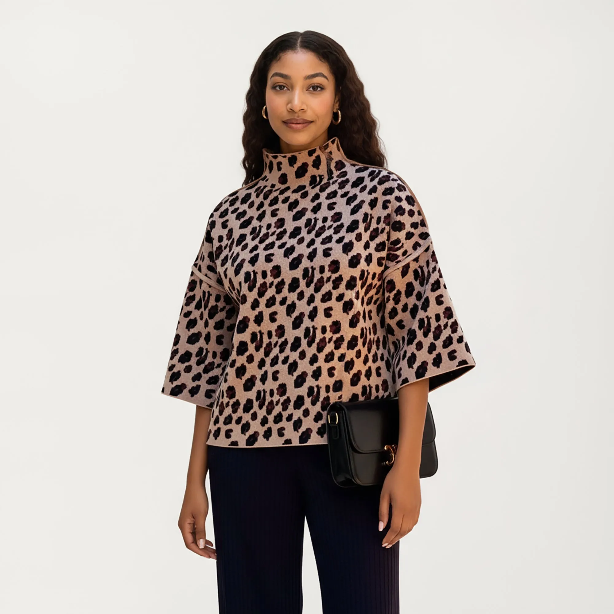 Anna-Kaci Women¡¯s Leopard Print Knit Top with High Mock Neck, Wide Long Sleeves and Soft Textured Finish for a Relaxed, Stylish Silhouette sold by Anna-Kaci product image thumbnail 2