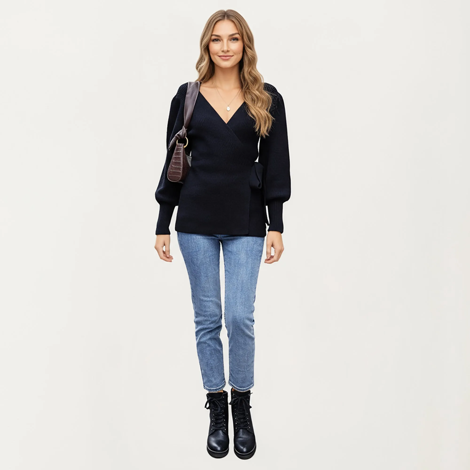 Anna-Kaci Women¡¯s Knit Wrap Top with Long Sleeves, Soft Textured Ribbed Fabric and Side Tie Detail Creating a Flattering Feminine Silhouette sold by Anna-Kaci product image thumbnail 3