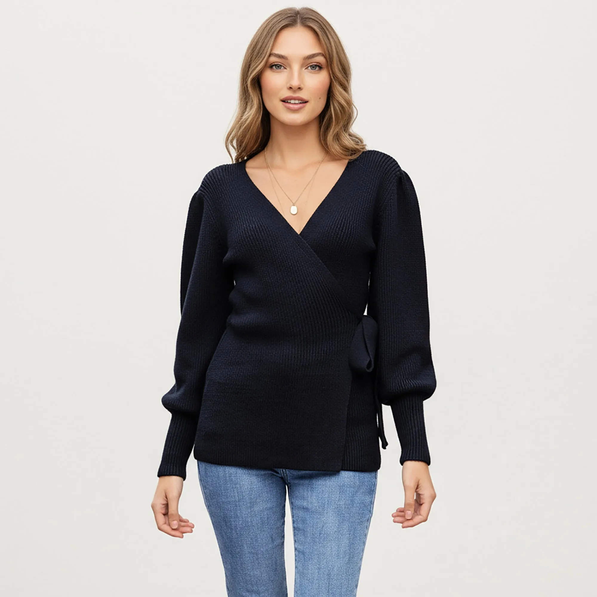Anna-Kaci Women¡¯s Knit Wrap Top with Long Sleeves, Soft Textured Ribbed Fabric and Side Tie Detail Creating a Flattering Feminine Silhouette sold by Anna-Kaci product image thumbnail 2