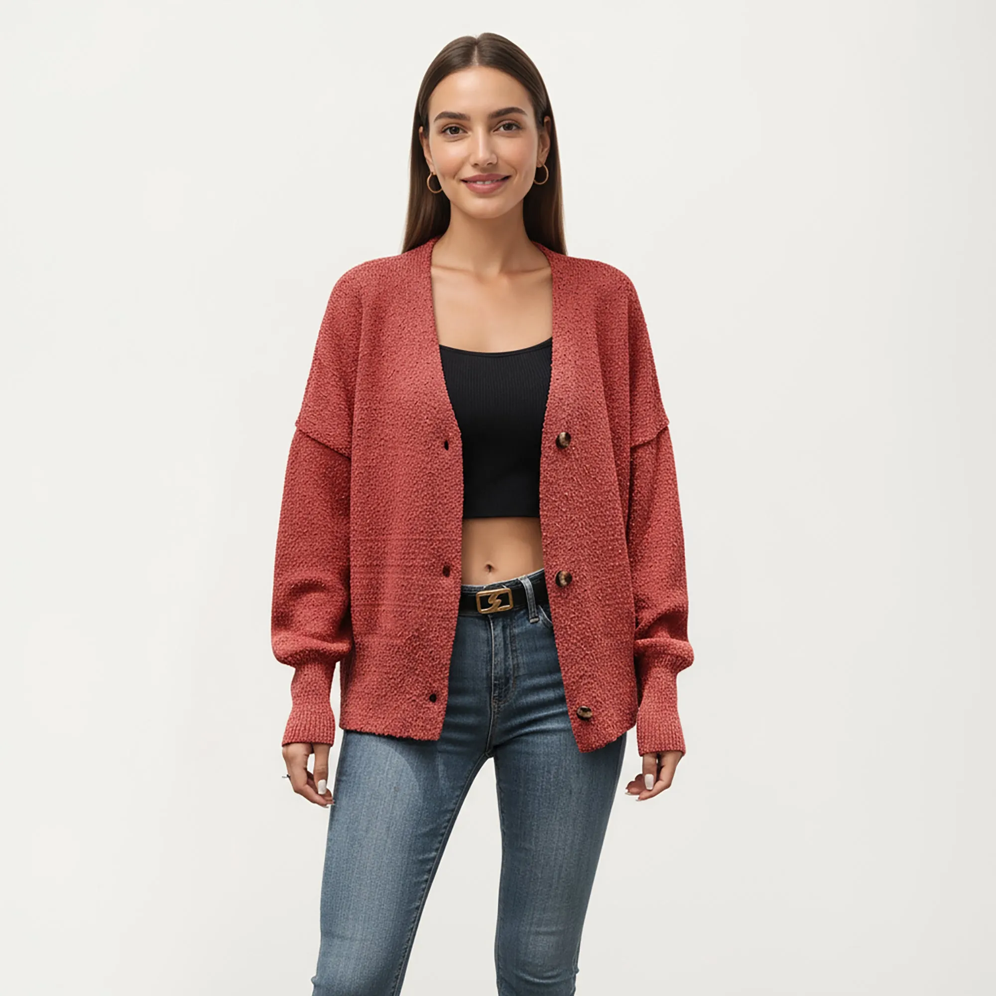 Anna-Kaci Women¡¯s Textured Knit Button Front Top with Soft Cozy Fabric, Relaxed Drop Shoulder Silhouette and Ribbed Edges for Added Structure sold by Anna-Kaci product image thumbnail 2