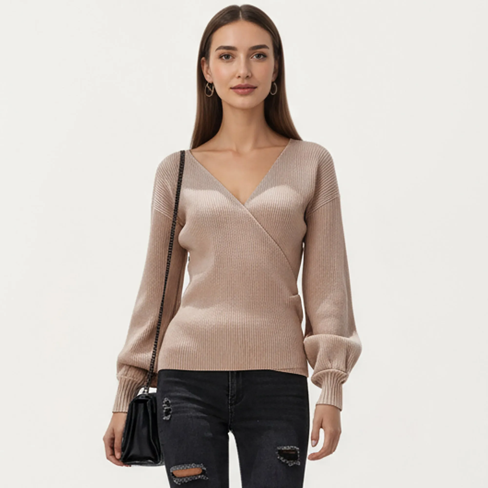 Anna-Kaci Women¡¯s Ribbed Knit Wrap Front Top with Soft Textured Fabric, Long Sleeves and a Flattering V-Neckline for a Smooth Streamlined Look sold by Anna-Kaci product image thumbnail 2