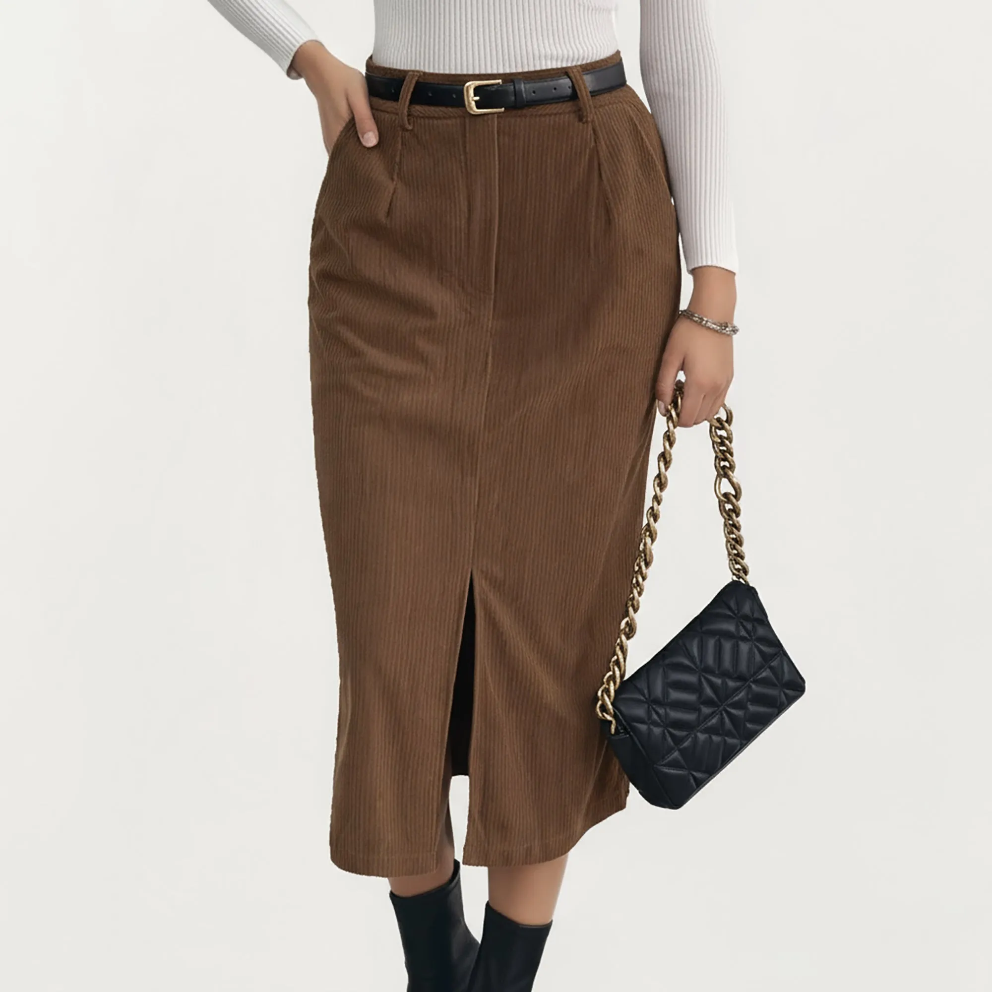 Anna-Kaci Women¡¯s Corduroy Midi Skirt with Soft Ribbed Texture Front Slit Detail and Structured Waistband for a Clean Streamlined Silhouette sold by Anna-Kaci product image thumbnail 4