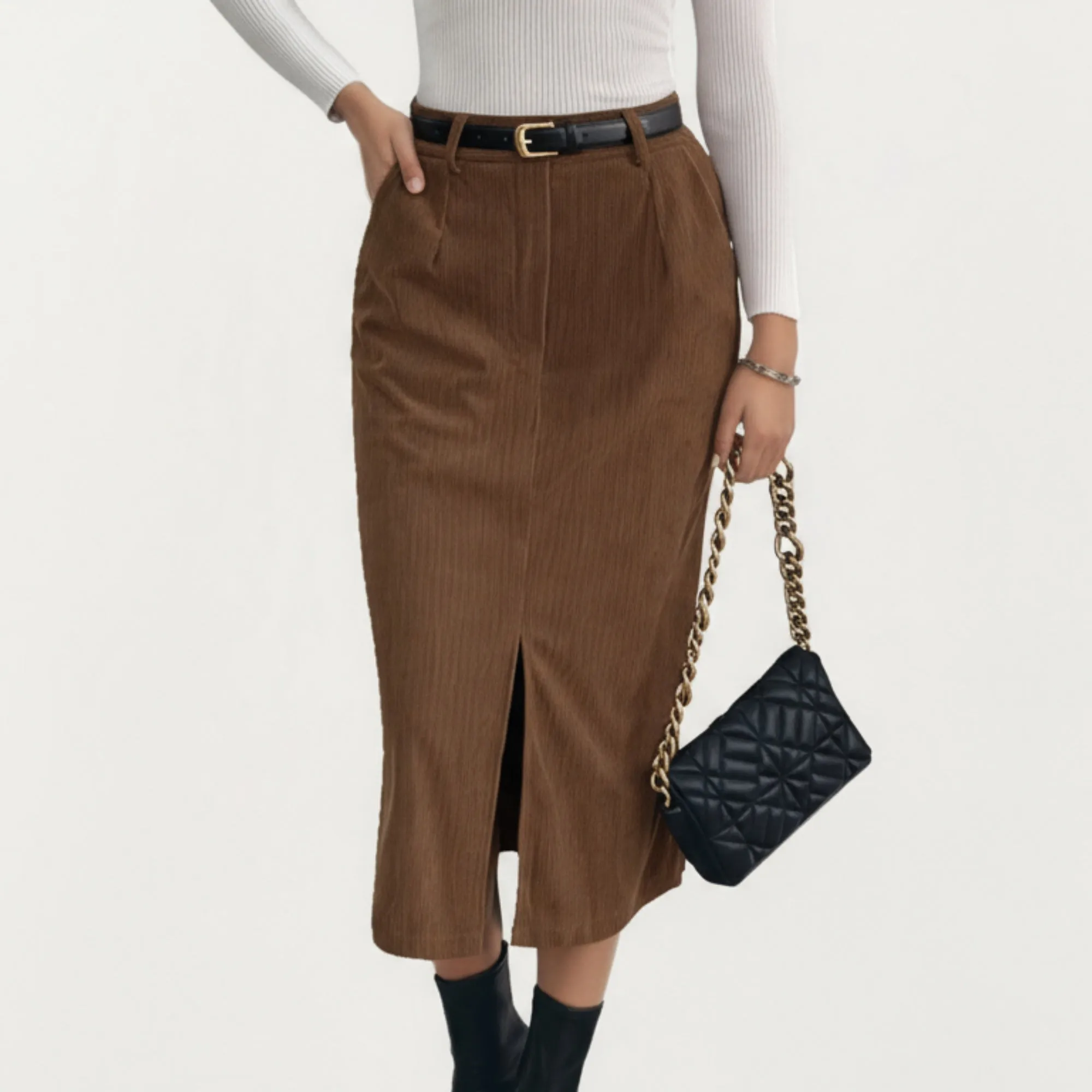 Anna-Kaci Women¡¯s Corduroy Midi Skirt with Soft Ribbed Texture Front Slit Detail and Structured Waistband for a Clean Streamlined Silhouette sold by Anna-Kaci