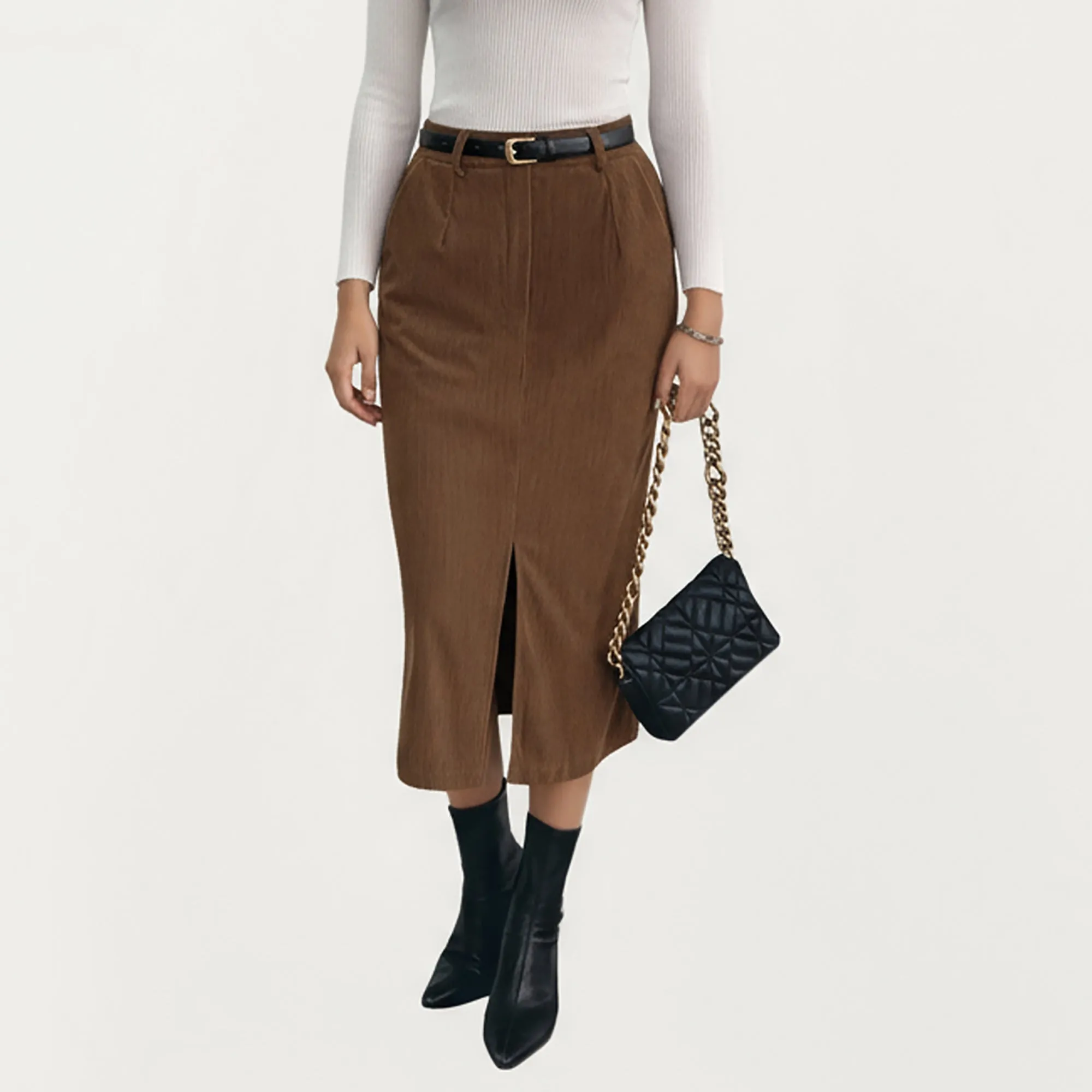 Anna-Kaci Women¡¯s Corduroy Midi Skirt with Soft Ribbed Texture Front Slit Detail and Structured Waistband for a Clean Streamlined Silhouette sold by Anna-Kaci product image thumbnail 2