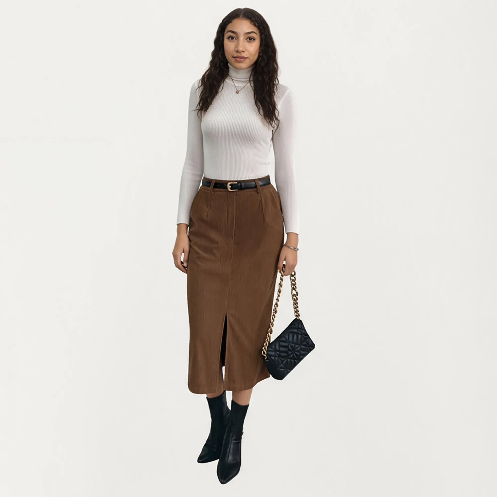 Anna-Kaci Women¡¯s Corduroy Midi Skirt with Soft Ribbed Texture Front Slit Detail and Structured Waistband for a Clean Streamlined Silhouette sold by Anna-Kaci product image thumbnail 3