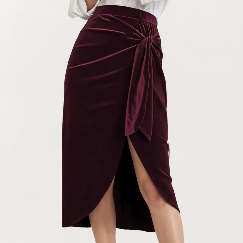 Anna-Kaci Women's Velvet Wrap Midi Skirt with Soft Draped Texture Elegant Side Tie Detail and Flattering Overlap Front Silhouette sold by Anna-Kaci