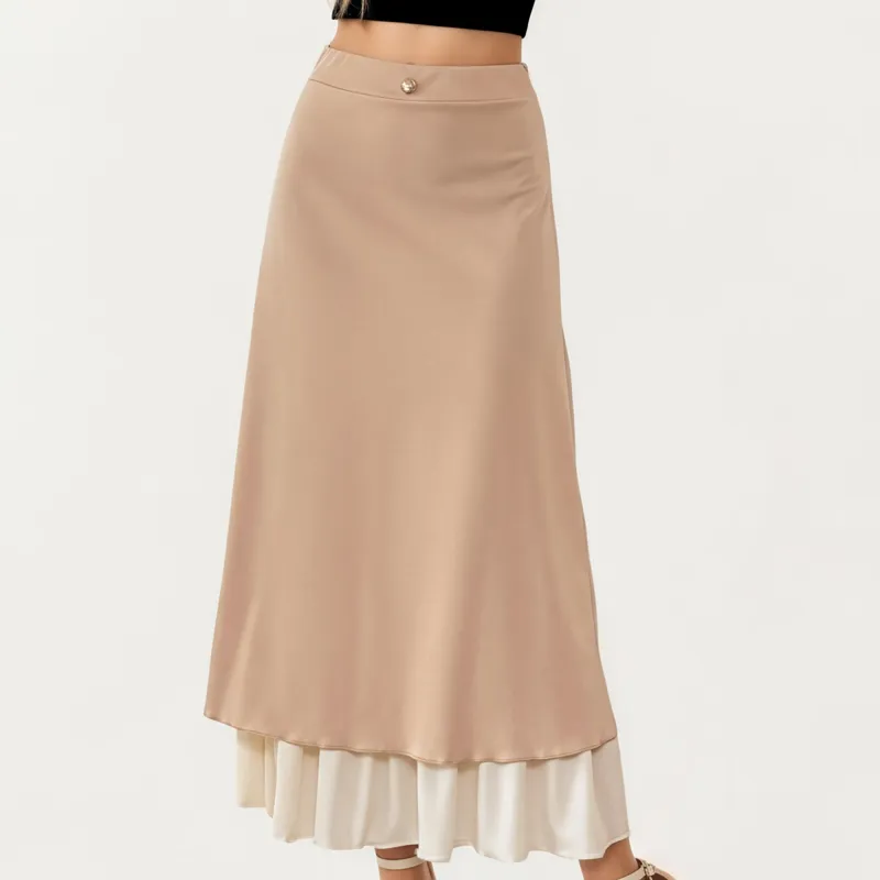 Anna-Kaci Women¡¯s Layered Midi Skirt with Smooth Satin Finish Soft Flowing Silhouette and Elegant Dual-Layer Hem Detail sold by Anna-Kaci