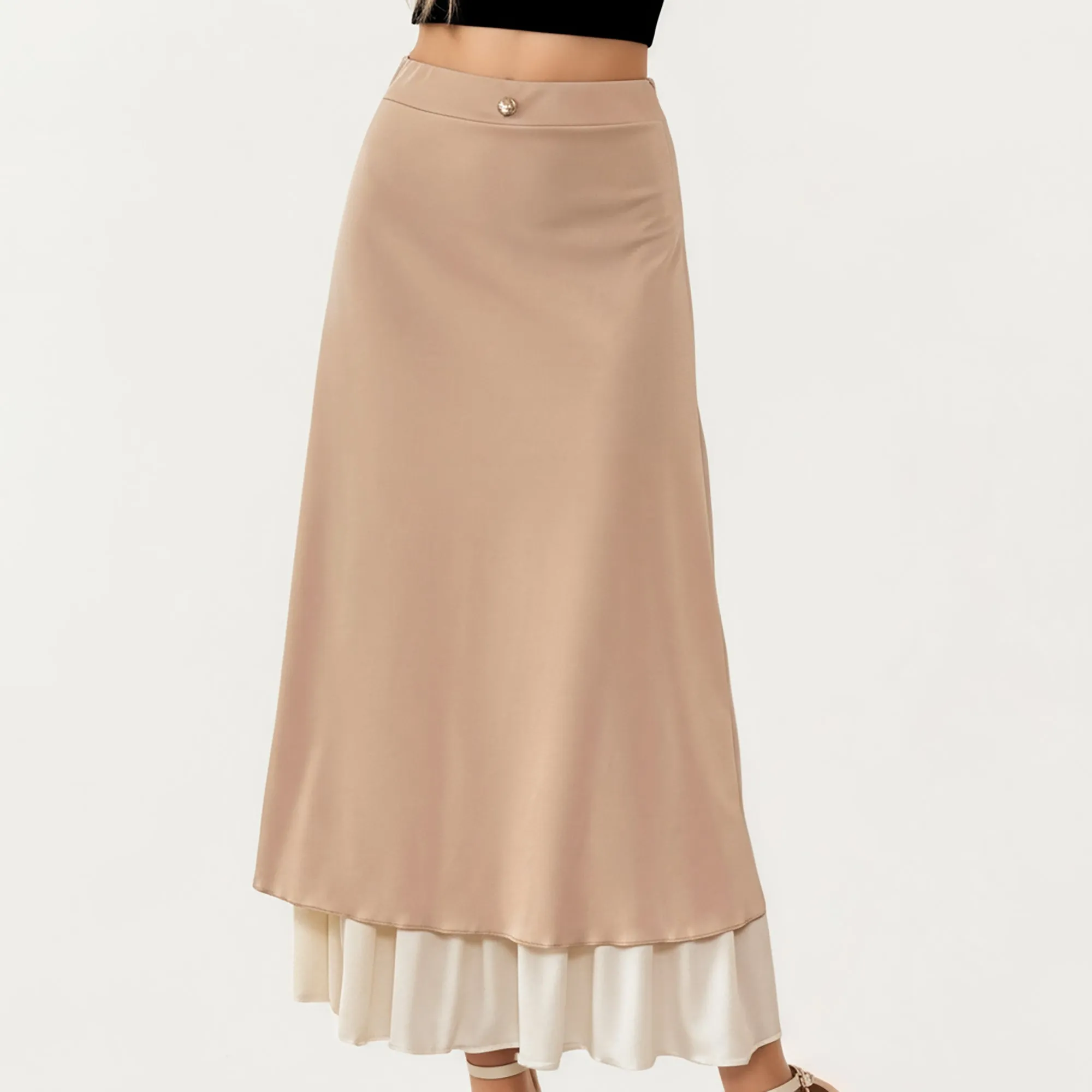 Anna-Kaci Women¡¯s Layered Midi Skirt with Smooth Satin Finish Soft Flowing Silhouette and Elegant Dual-Layer Hem Detail sold by Anna-Kaci
