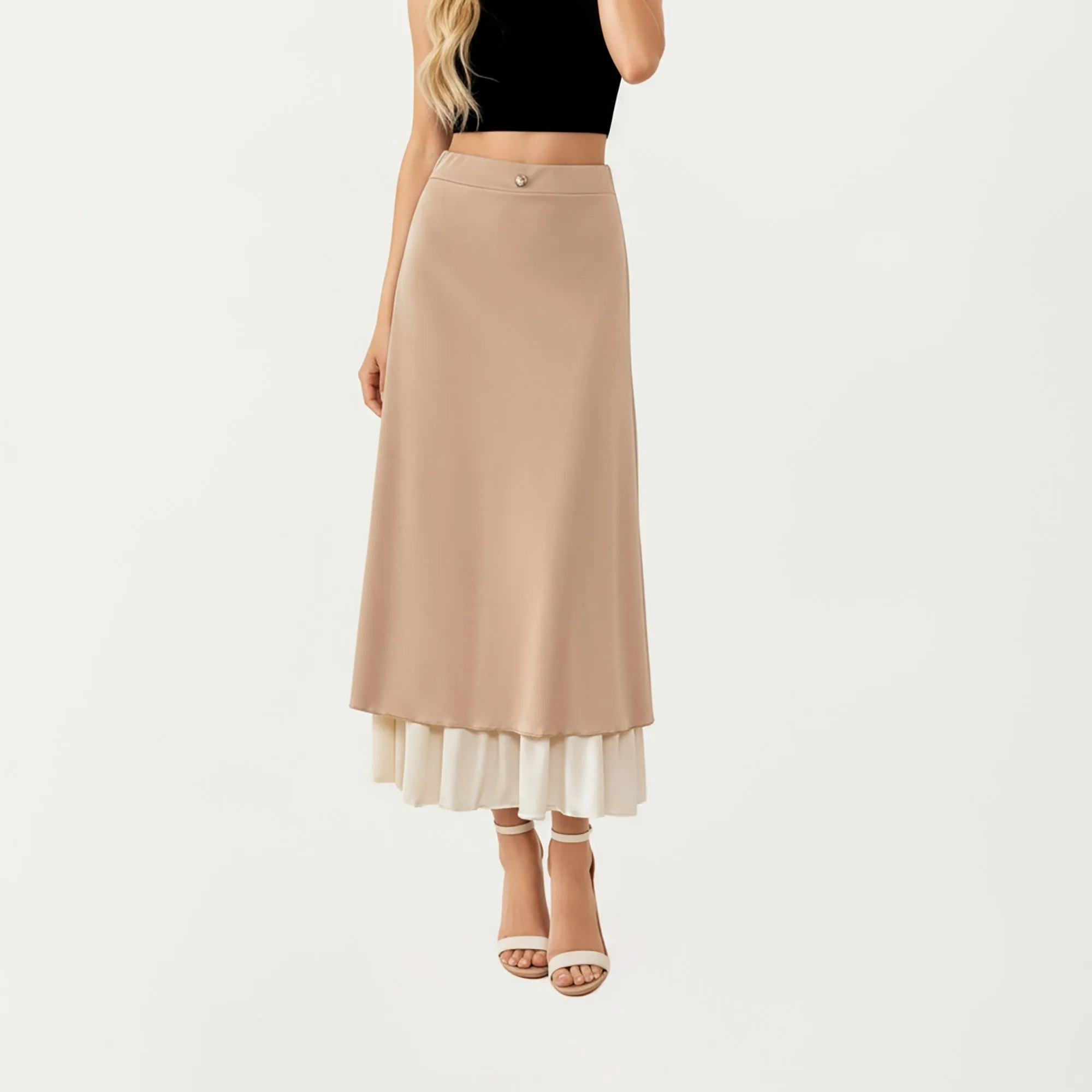 Anna-Kaci Women¡¯s Layered Midi Skirt with Smooth Satin Finish Soft Flowing Silhouette and Elegant Dual-Layer Hem Detail sold by Anna-Kaci product image thumbnail 2