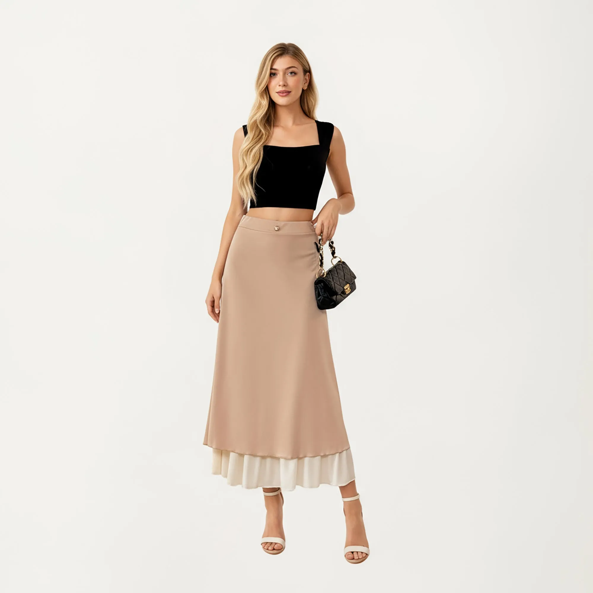 Anna-Kaci Women¡¯s Layered Midi Skirt with Smooth Satin Finish Soft Flowing Silhouette and Elegant Dual-Layer Hem Detail sold by Anna-Kaci product image thumbnail 3