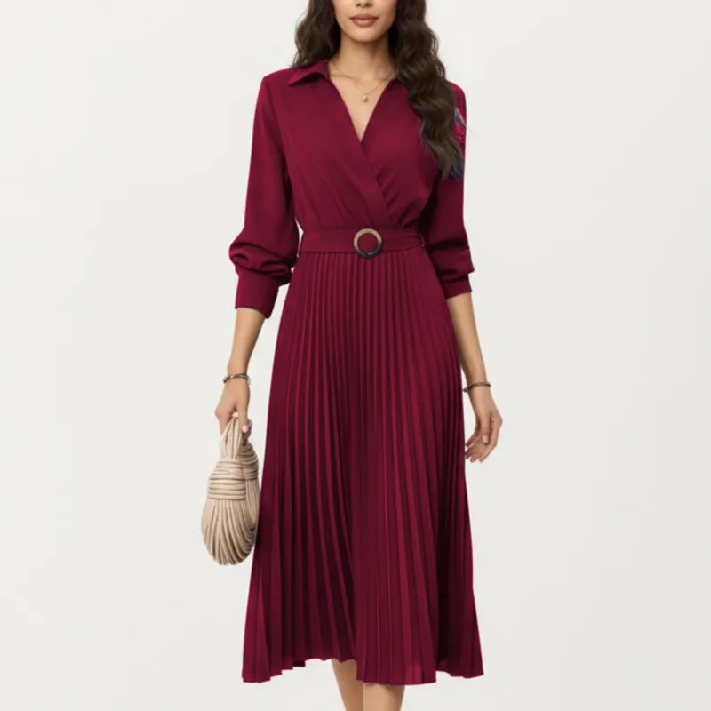 Anna-Kaci Women¡¯s Long Sleeve Dress with Pleated Skirt Structured Wrap Front Collar Detail and Belted Waist for a Smooth Flattering Shape sold by Anna-Kaci